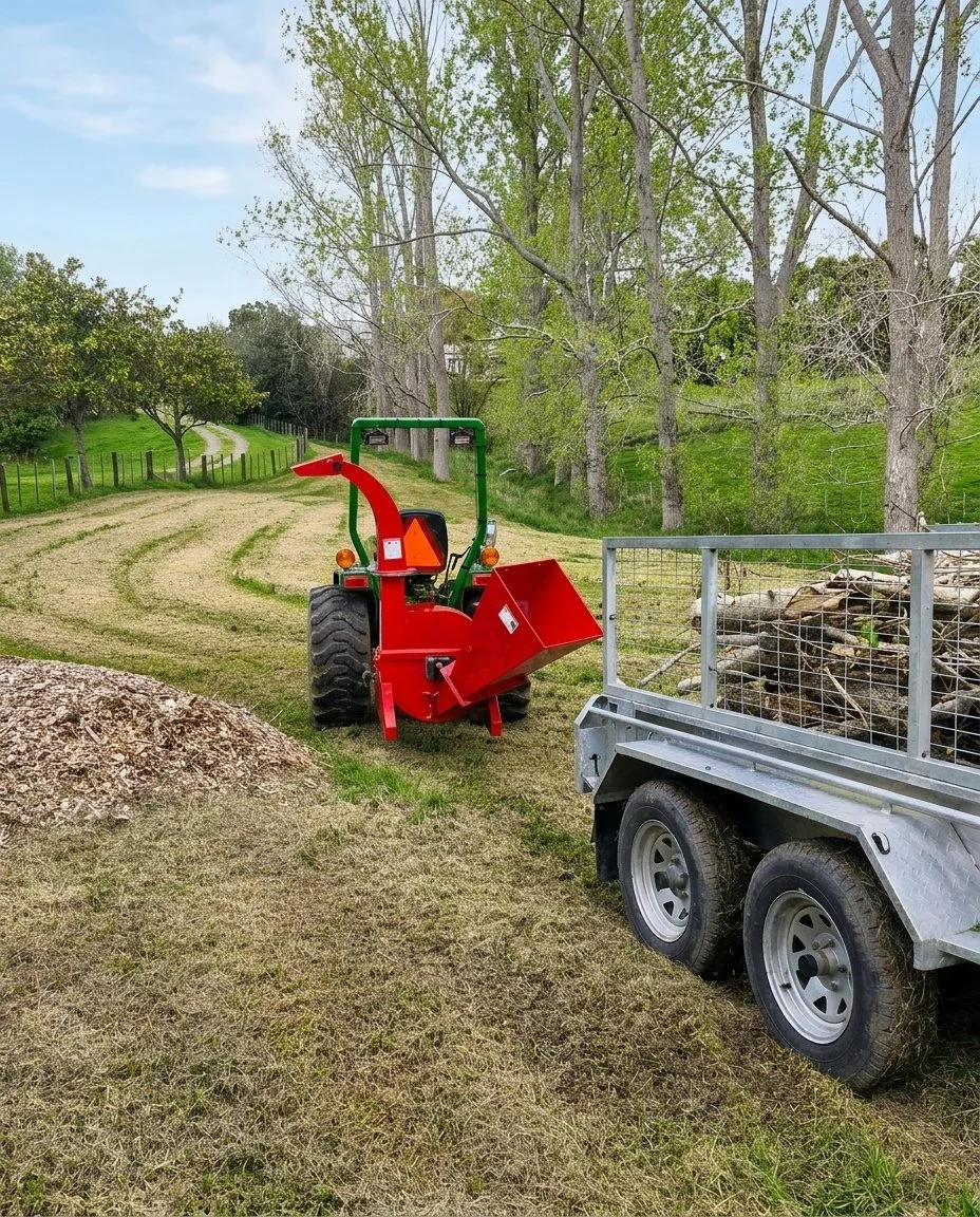 A red wood chipper attached to a green tractor on a grassy field with trees in the background, and a small metal trailer nearby, in a rural landscape.