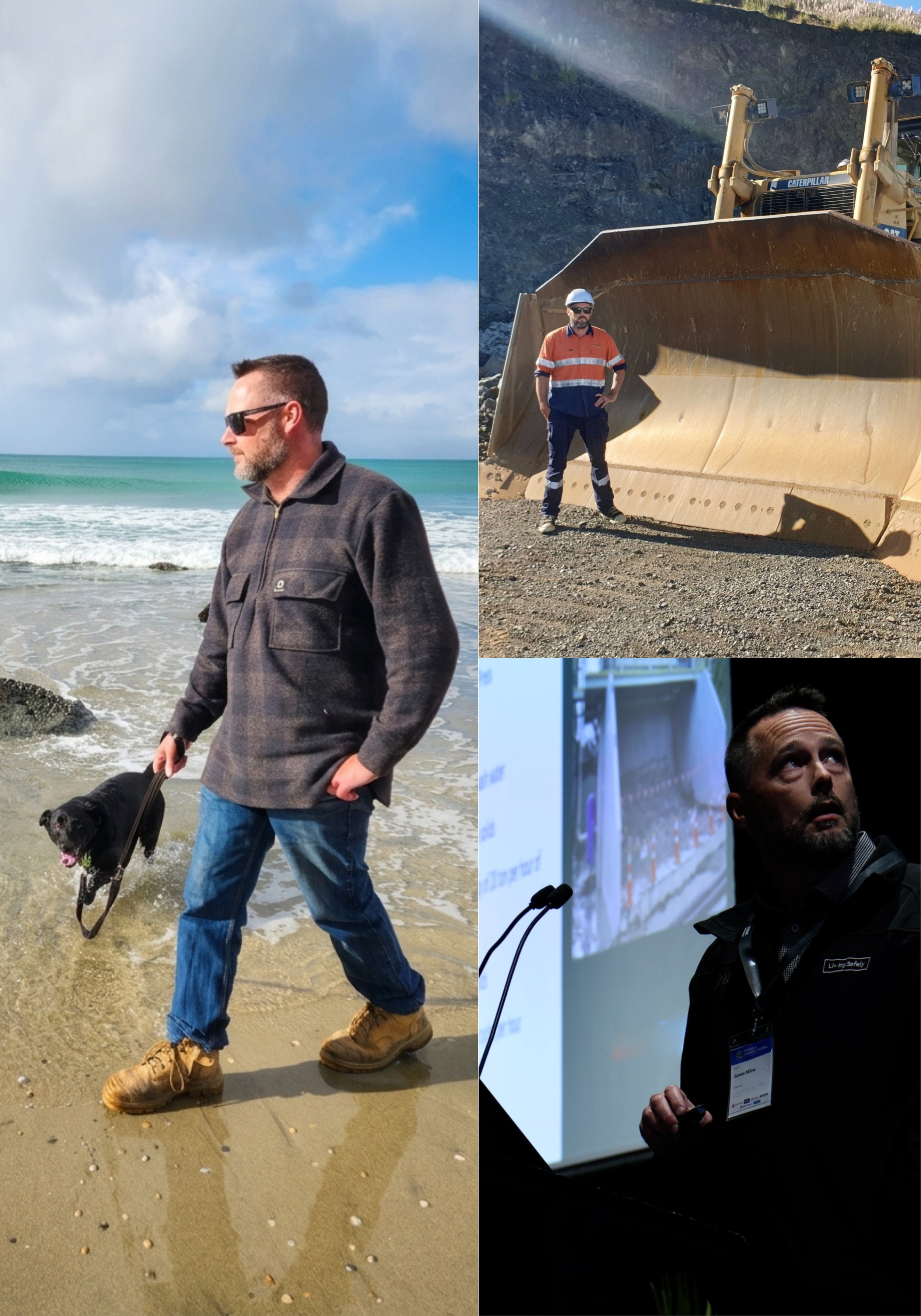 Collage of three images: a man walking a dog on Mangawhai Beach, Northland, New Zealand, a man standing next to a large construction bulldozer at a quarry, and a man giving a presentation with a screen showing a construction site.