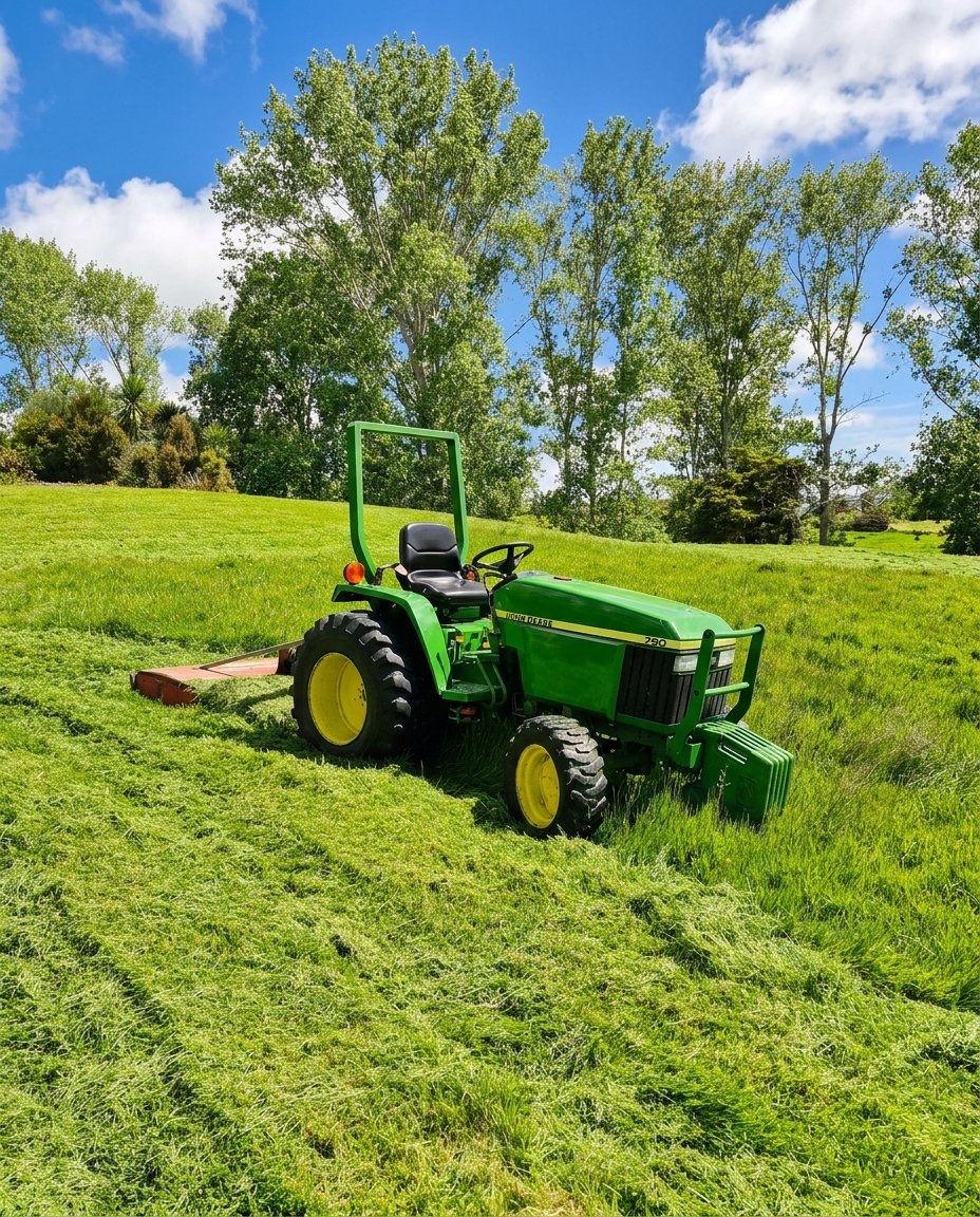 Green tractor with a mower attachment on a grassy hill under a blue sky with scattered clouds.