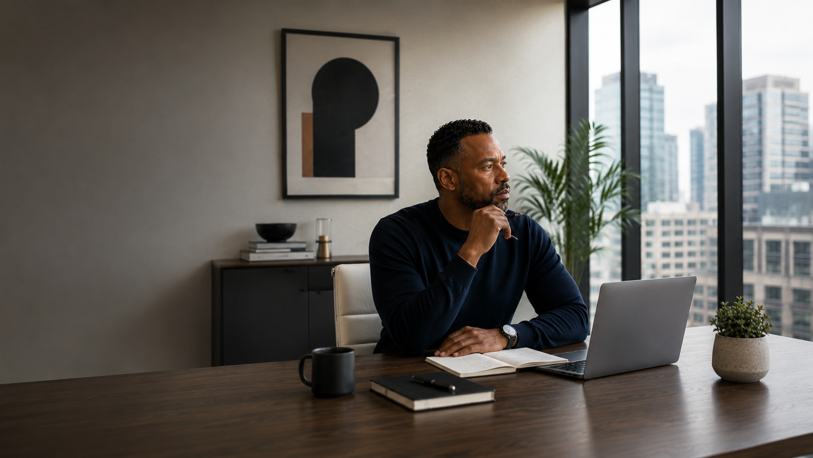 A business leader having deep work time at the office. Modern office setting, city in the background.