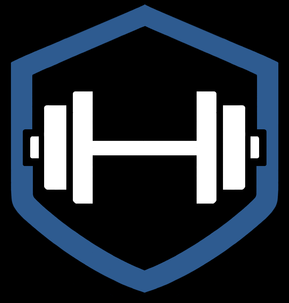 A shield-shaped logo featuring a white dumbbell icon in the center and a dark blue border outline.