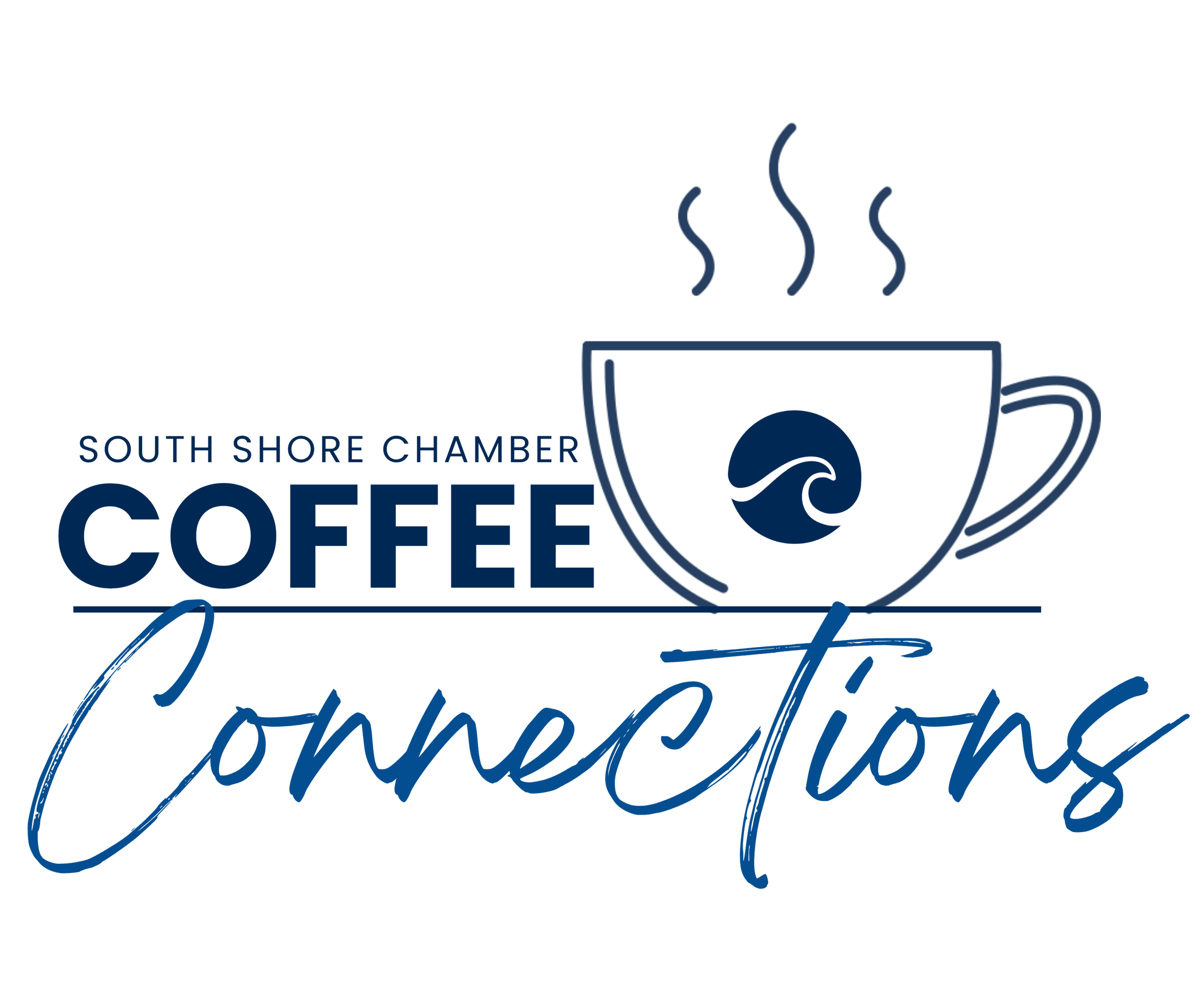 Neon sign with coffee cup and the words "South Shore Chamber Coffee"