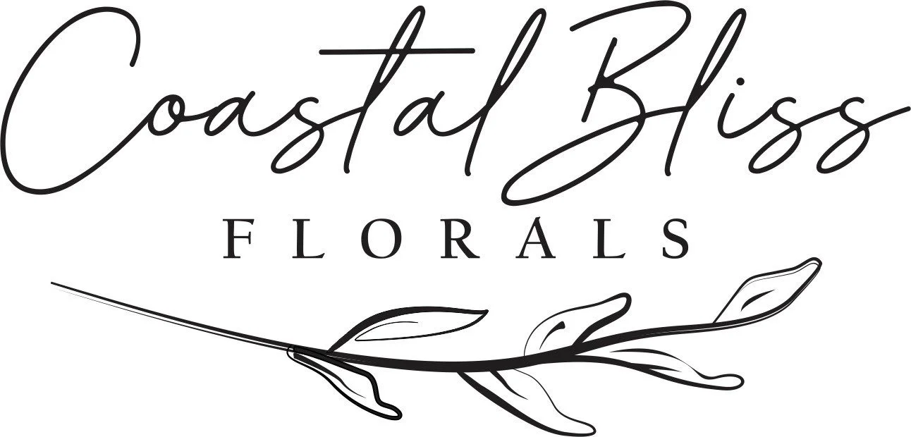 Elegant logo for Coastal Bliss Florals featuring cursive text and a simple illustrated branch with leaves.