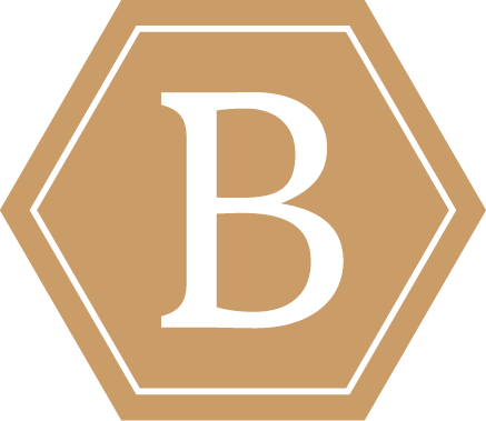 A hexagonal logo with a large letter 'B' in the center on a brown background.
