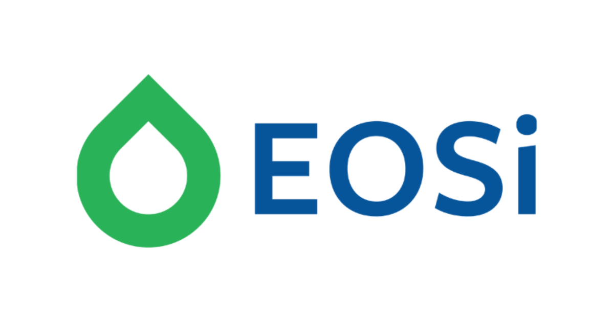 The logo of EOSi, featuring a green water droplet icon and the text 'EOSi' in blue.