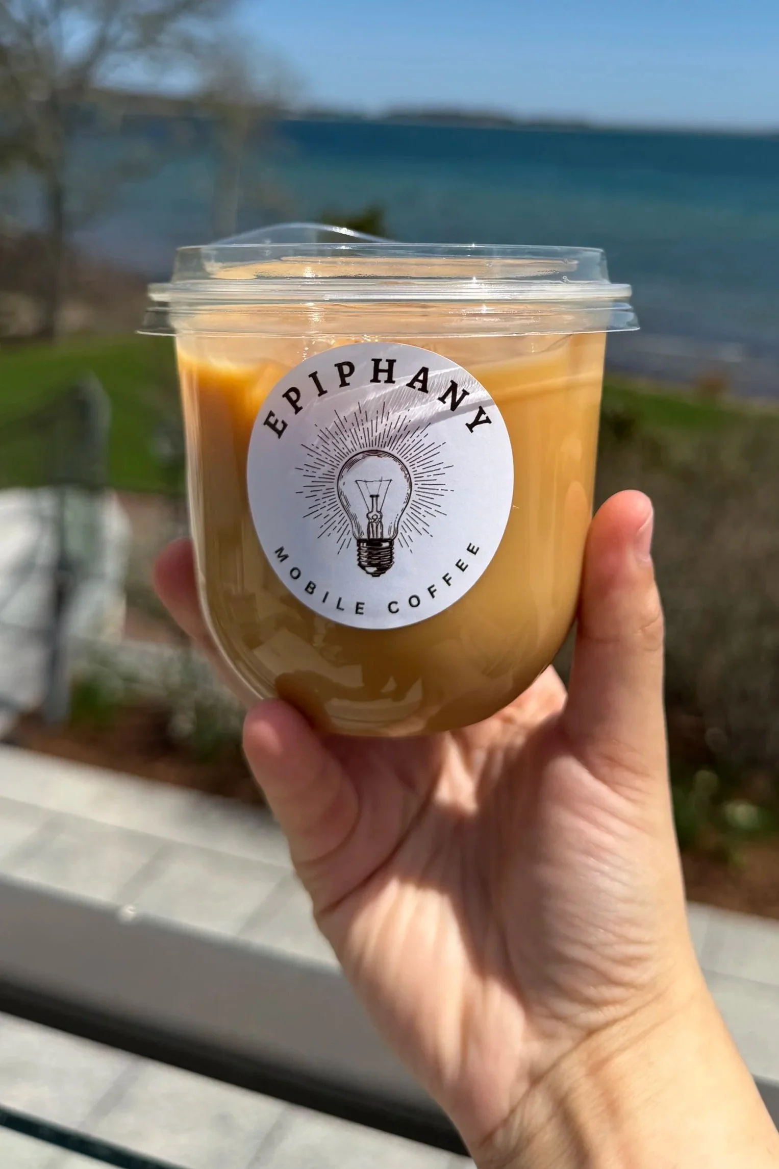 Hand holding a plastic cup of iced coffee outside, with the logo "Epiphany Mobile Coffee" and a light bulb illustration on it. There are trees and water in the background.