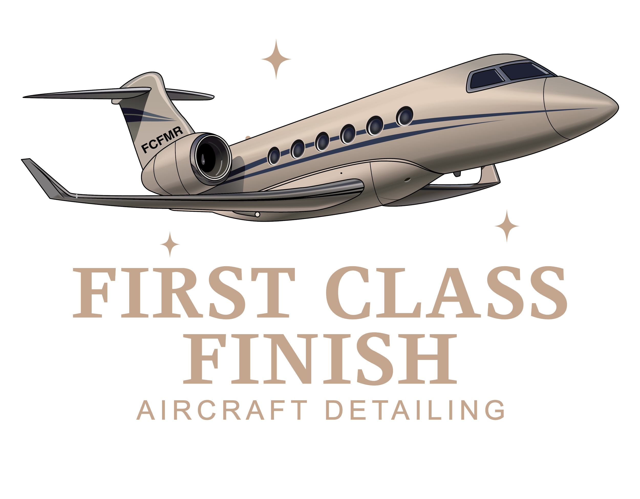 Illustration of a private jet with text that reads "First Class, Finish, Aircraft Detailing" and decorative sparkles