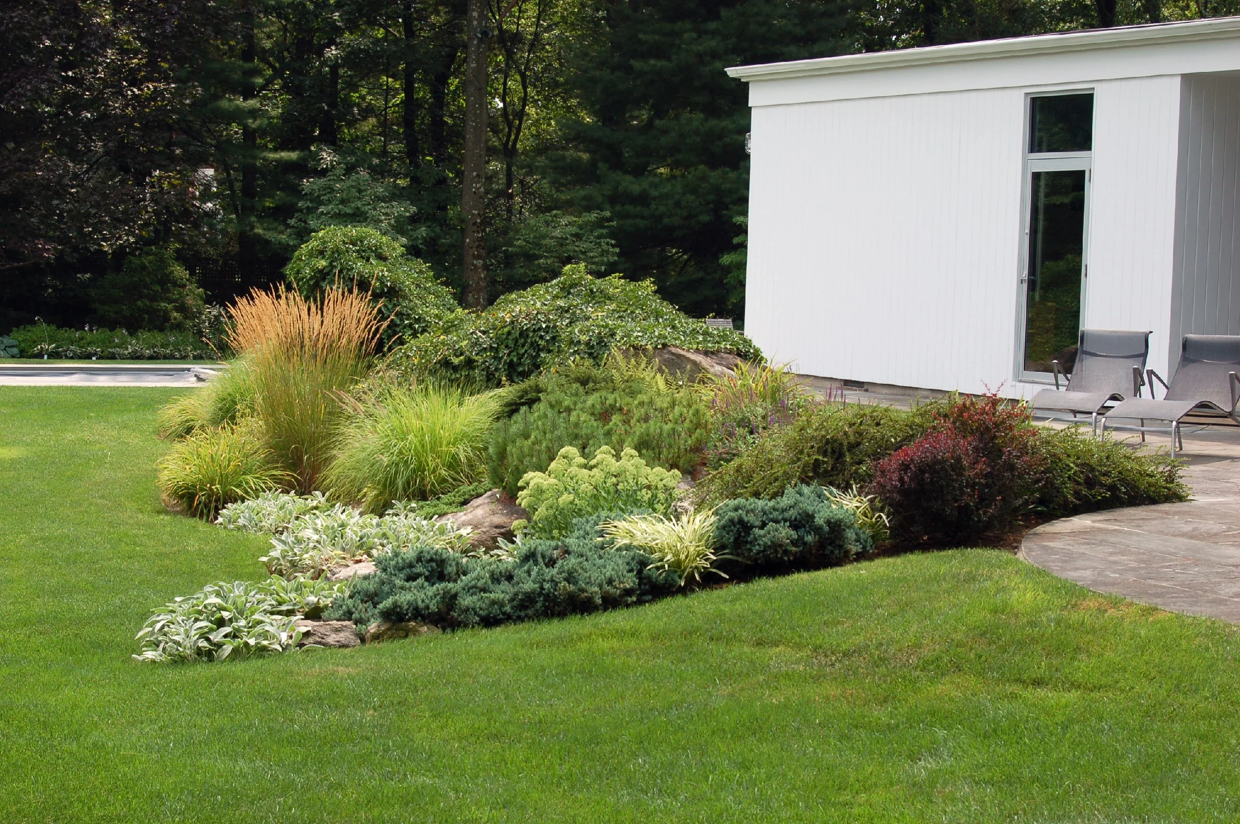 Well-maintained backyard garden with diverse plants, greenery, and a white modern structure in the background, featuring outdoor seating.