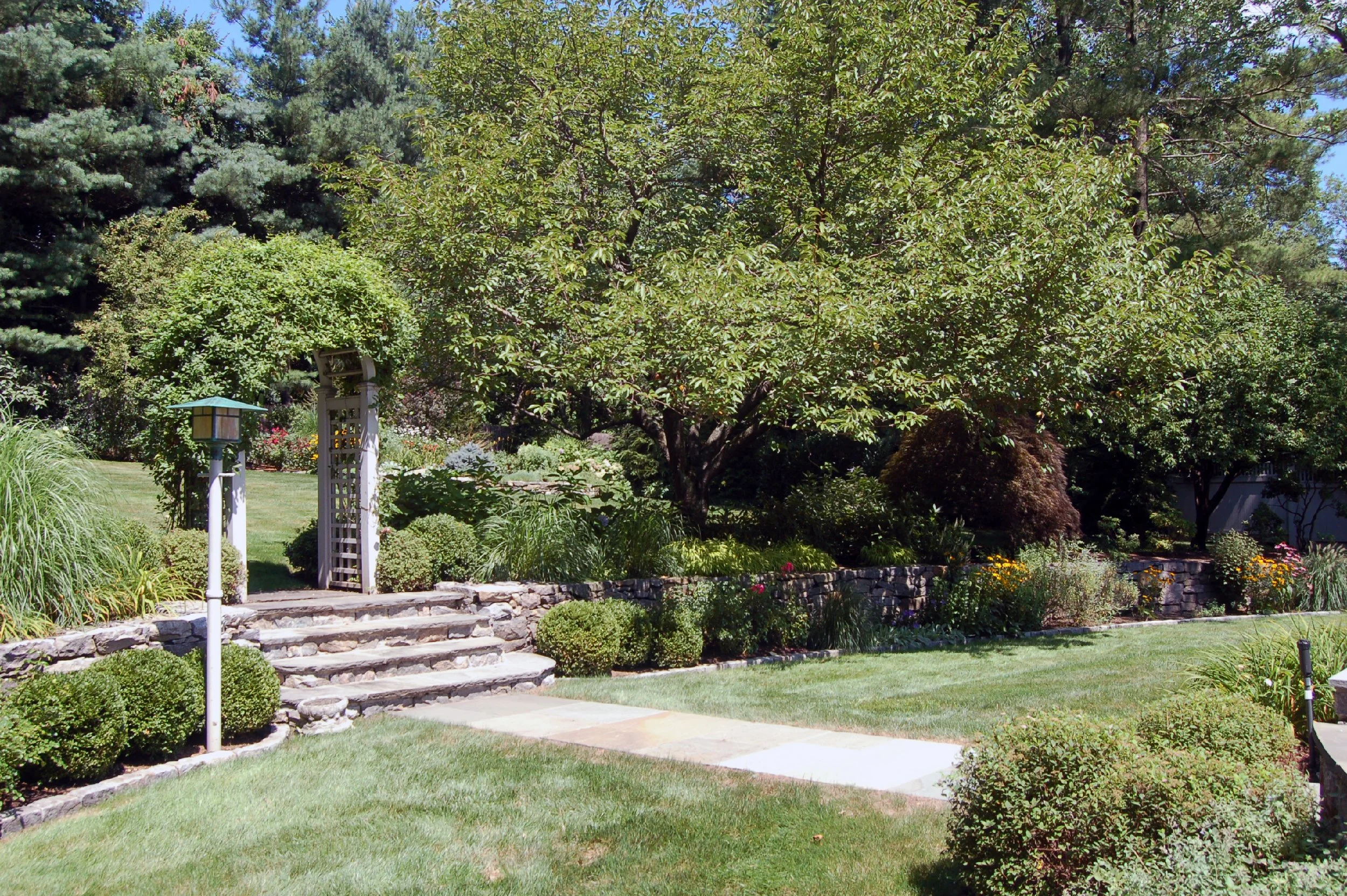 A lush garden with a large tree, stone steps leading to an arched wooden gate, surrounded by well-maintained bushes and flower beds, and a lawn with a stone pathway.