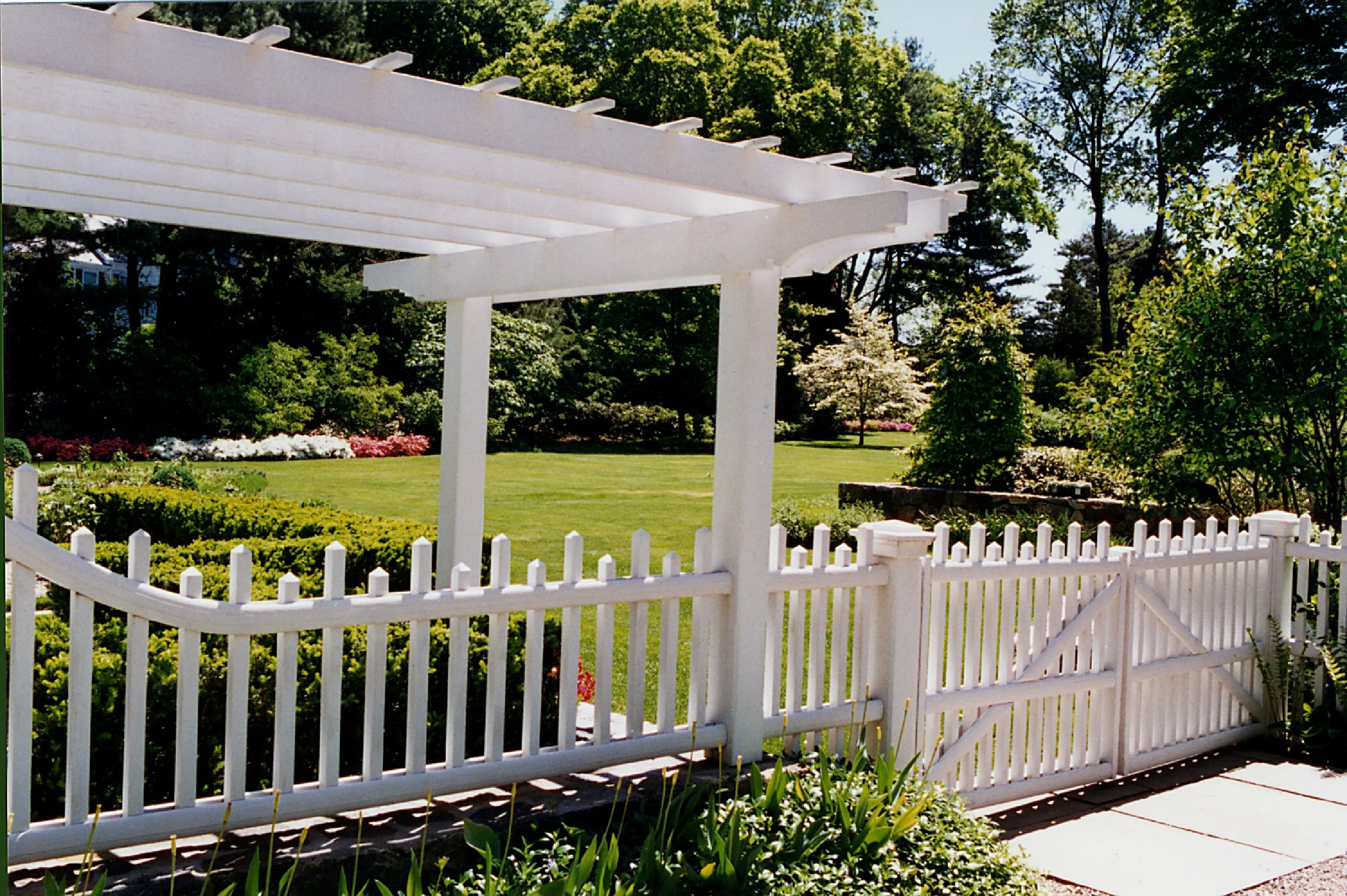 White picket fence and garden beyond with trees and flowering bushes in a sunny backyard.