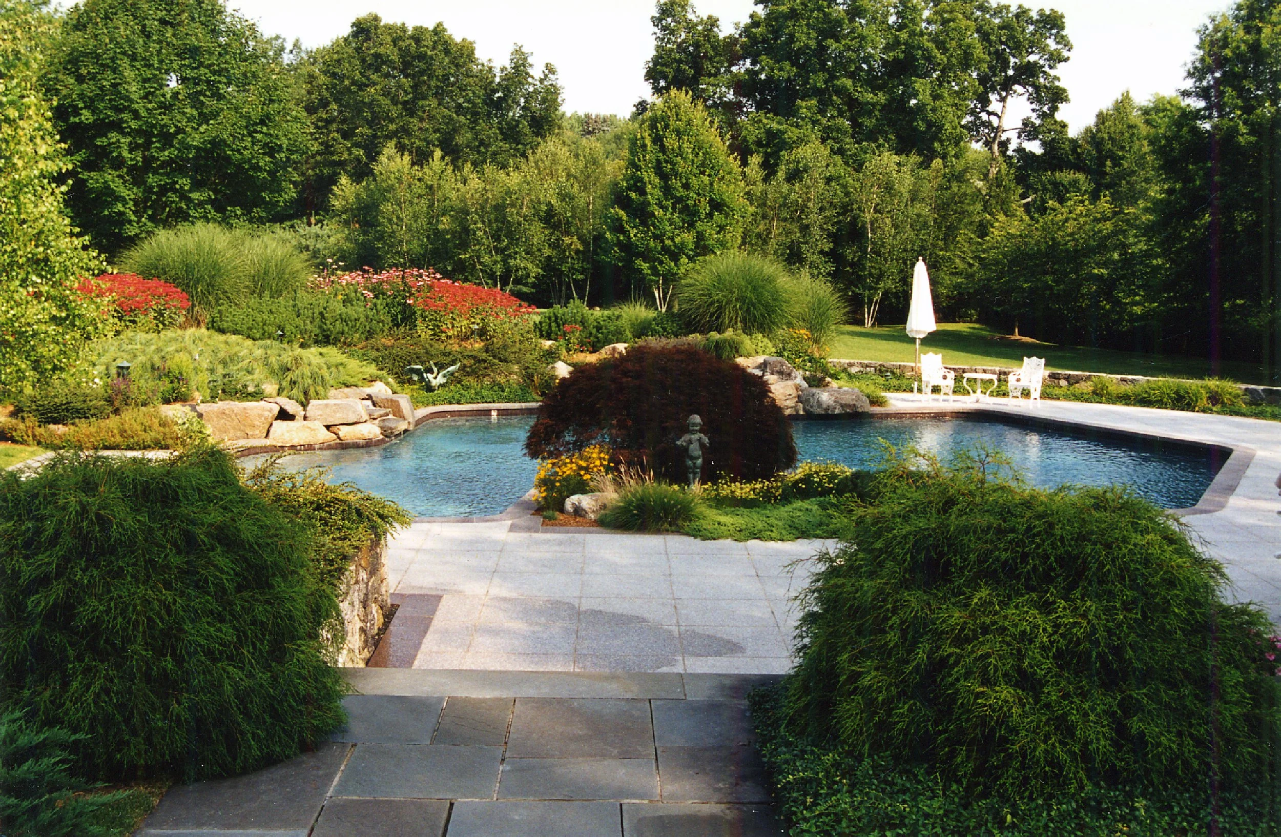 A backyard with a swimming pool, surrounded by lush green trees and bushes, with patio furniture and a large umbrella on the right.