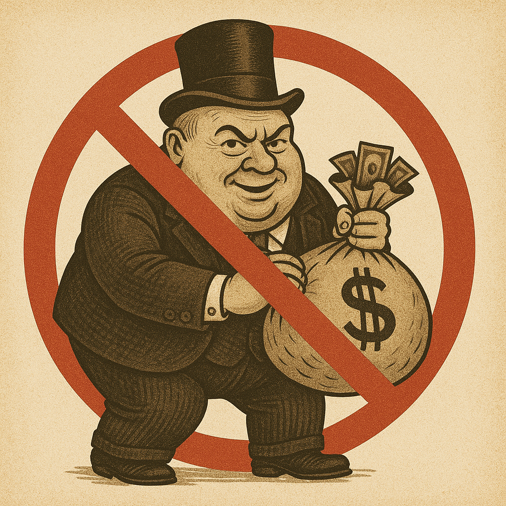 A cartoon of a man dressed as a wealthy businessman holding a bag of money with dollar signs, crossed out with a red prohibition sign.