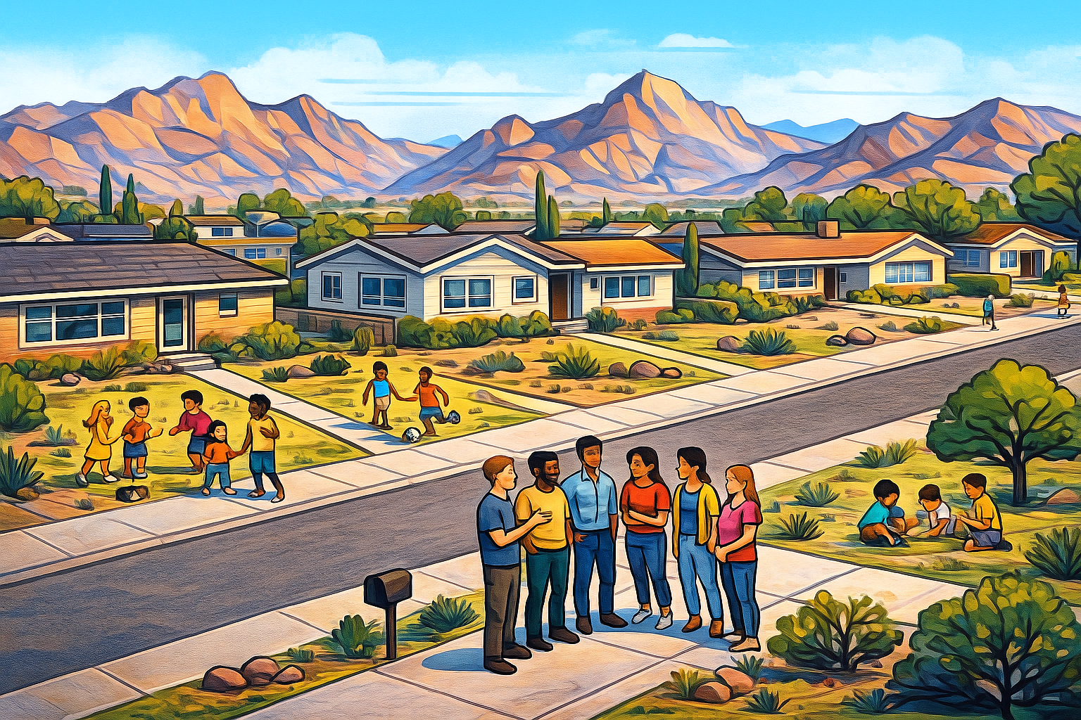 A neighborhood scene featuring children playing soccer and girls sitting on the grass, with adults talking on the sidewalk. Single-story houses with lawns and desert plants, mountains in the background, under a blue sky.