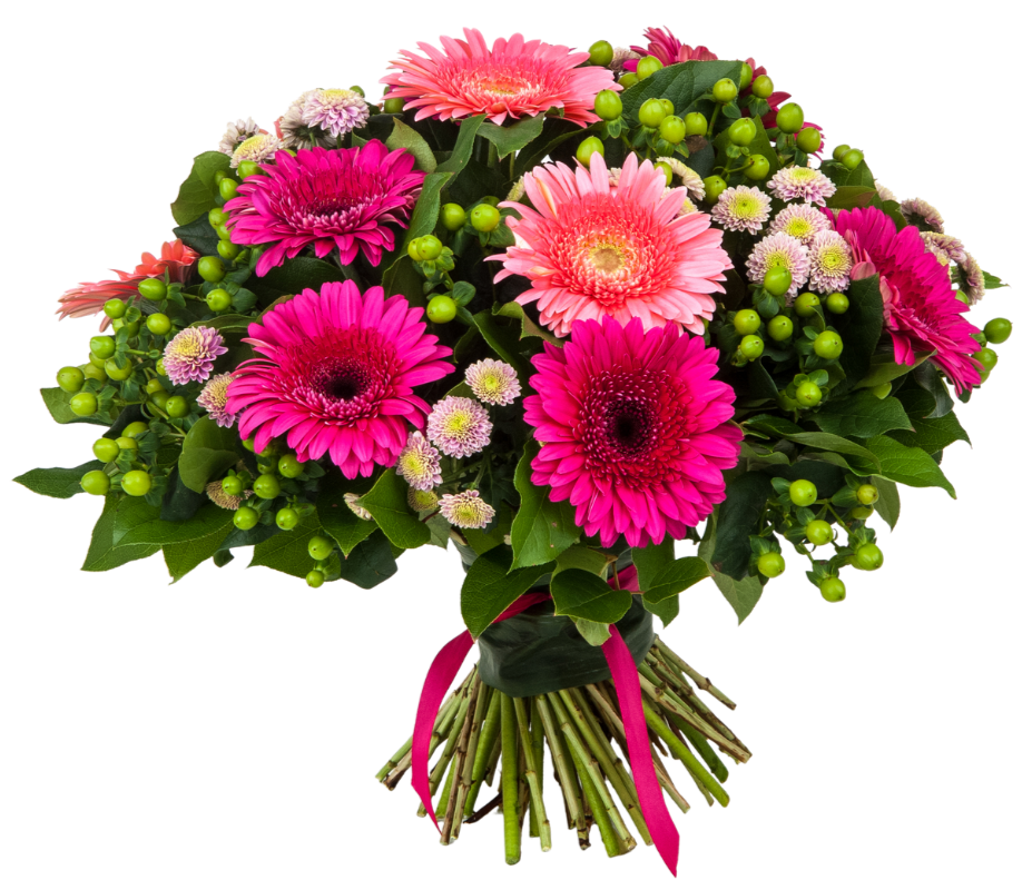 Colorful bouquet of pink and purple gerbera daisies, small white daisies, and green berries with a pink ribbon tied around the stems.