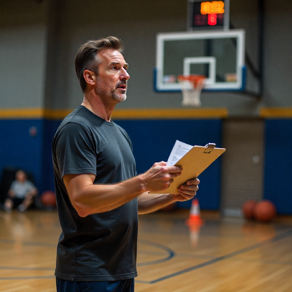 A middle-aged man with short, styled hair and a beard, wearing a black athletic shirt, standing on an indoor basketball court holding a clipboard, with a scoreboard and a basketball hoop in the background.