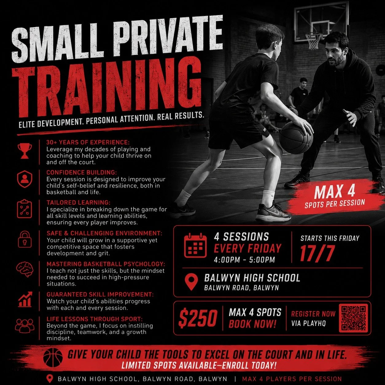 🏀 Only 4 Spots Available. Starts Tomorrow.

Looking to give your athlete an edge this season?

Our Small Private Training program is back, with just 4 athletes per group to ensure every player receives individual coaching and personalised feedback.
