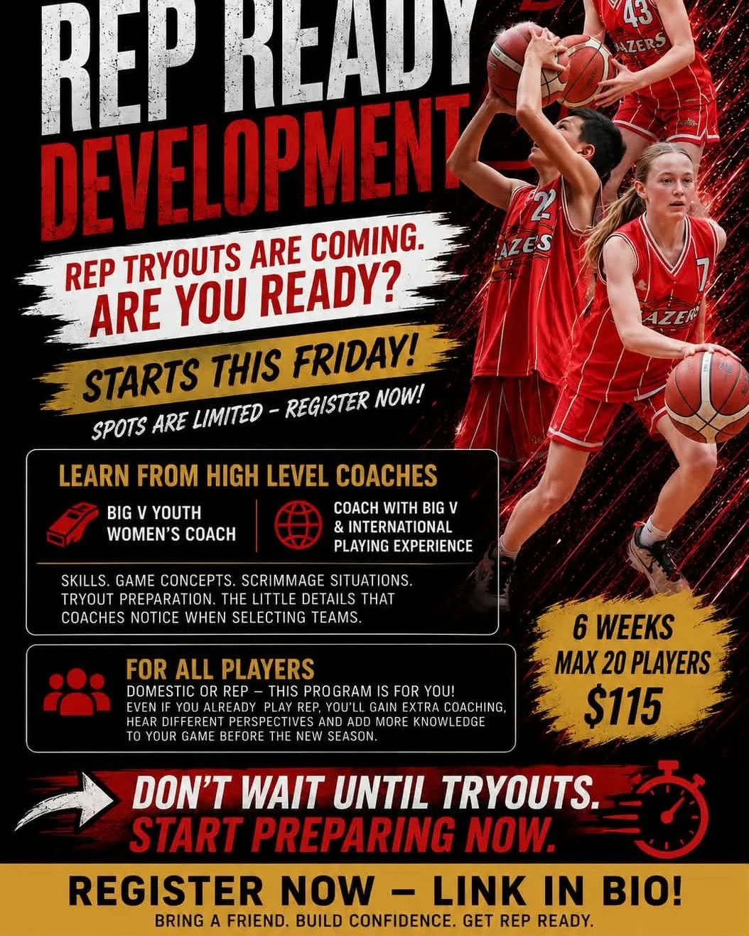 REP TRYOUTS ARE COMING. ARE YOU READY? 🔥🏀

Rep Ready starts this Friday, and spots are limited.

This isn&rsquo;t just another basketball session. It&rsquo;s six weeks specifically designed to help players understand what&rsquo;s expected at repres