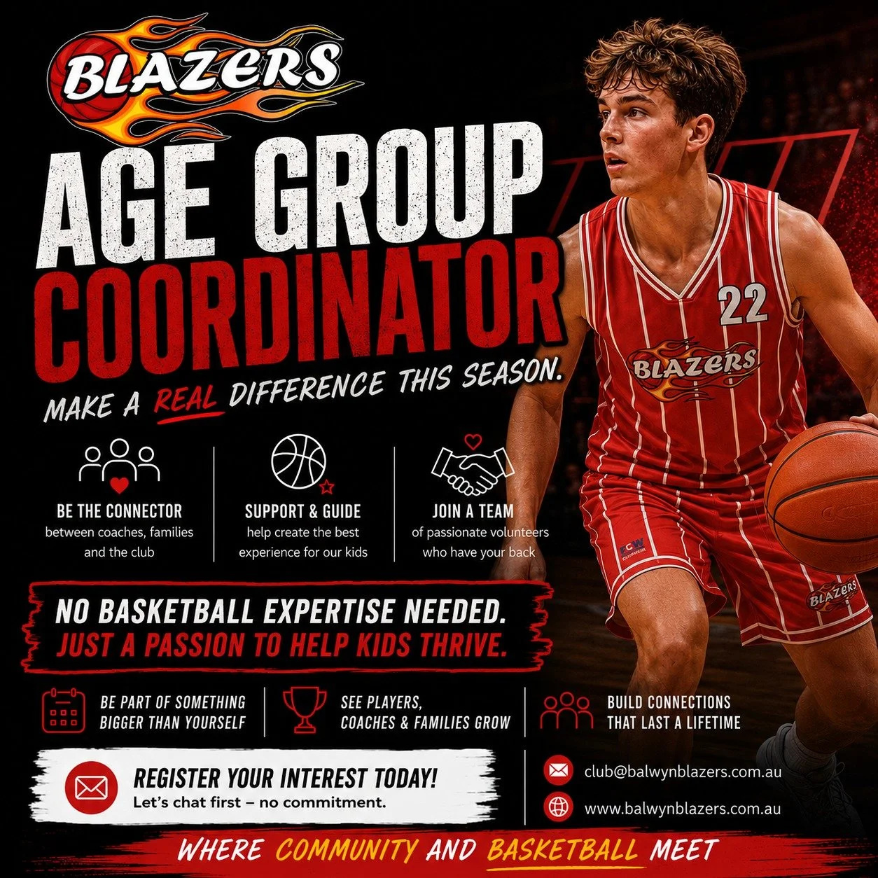 🏀 Could you help shape the next generation of Blazers?

Every great junior basketball club runs on passionate volunteers.

We're currently looking for Age Group Coordinators to support our players, coaches and families throughout the season.

This i