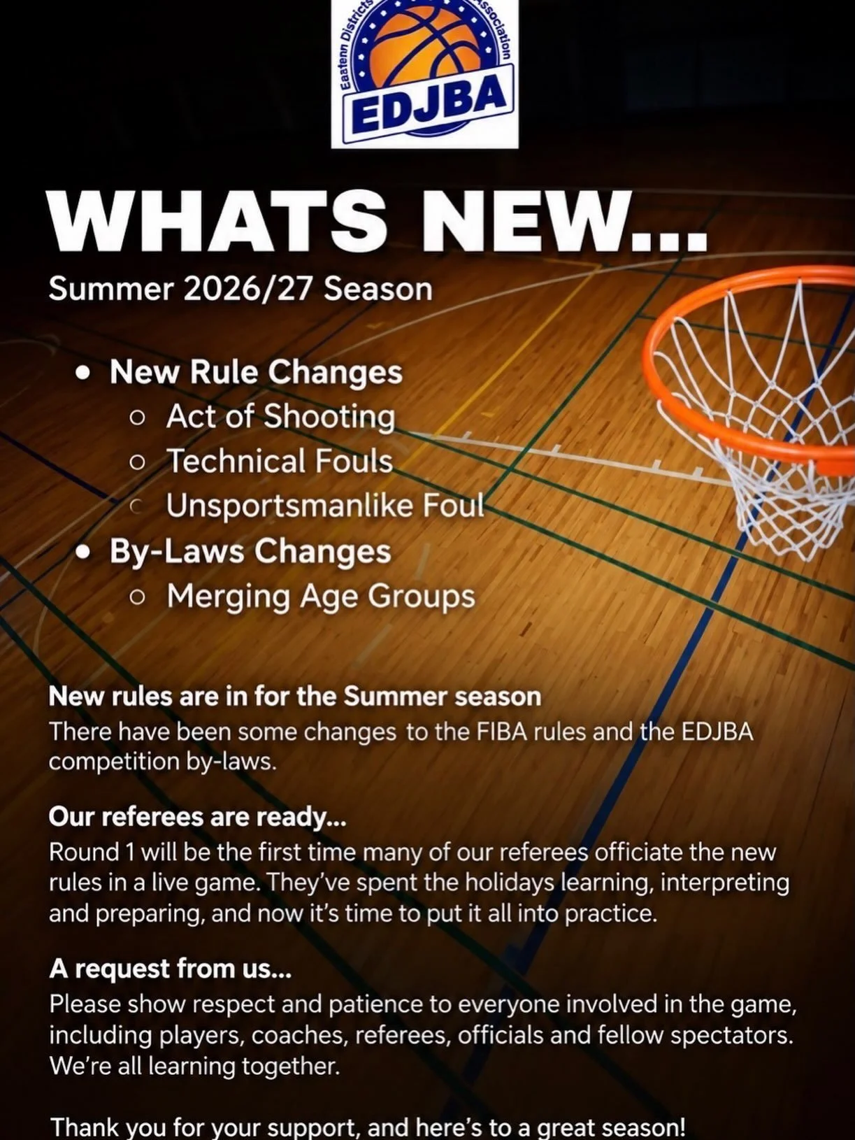 🏀 SUMMER SEASON IS UNDERWAY, BLAZERS!

Great to see our Blazers families back on the courts for the Summer 2026/27 season!

RULE CHANGES REMINDER on behalf of the EDJBA&hellip;

A friendly reminder that new rule changes have been introduced this sea
