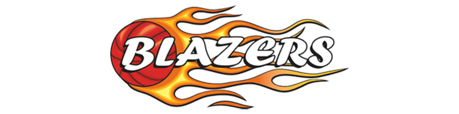 A basketball with fire flames and the word 'Blazers' written across it, representing a sports team logo.