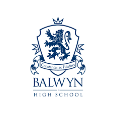 School crest with a lion, crown, and banner reading 'Constant and Fidele,' and the text 'BALWYN HIGH SCHOOL' below.