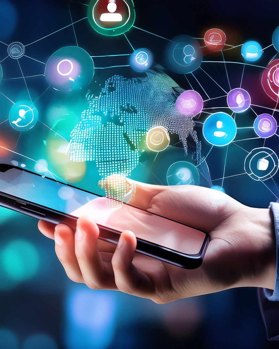 Person holding a smartphone with a digital globe and interconnected icons representing technology, social media, and networking overlaid in a futuristic style.