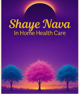 Book cover titled "Shaye Nava In Home Health Care" with a purple and black eclipse and three colorful trees below.