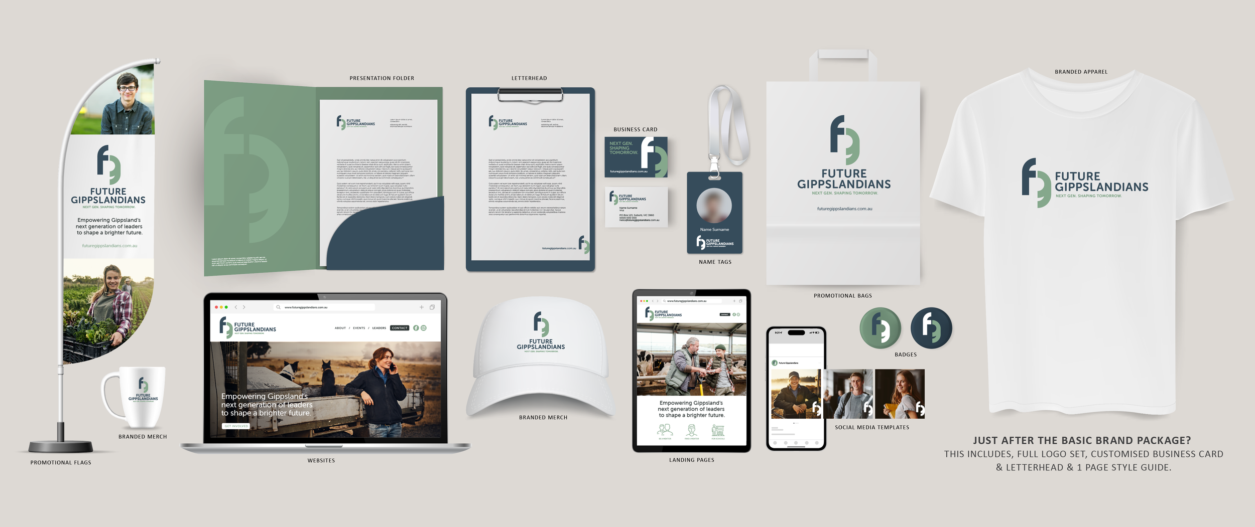 An organied brand identity package for Future Gippslanders, including promotional flags, a website mockup on a laptop and mobile, branded merchandise such as a baseball cap and T-shirt, badges, business cards, a letterhead, presentation folder, and promotional bags, all featuring the company's logo and tagline, with a clean and professional layout.