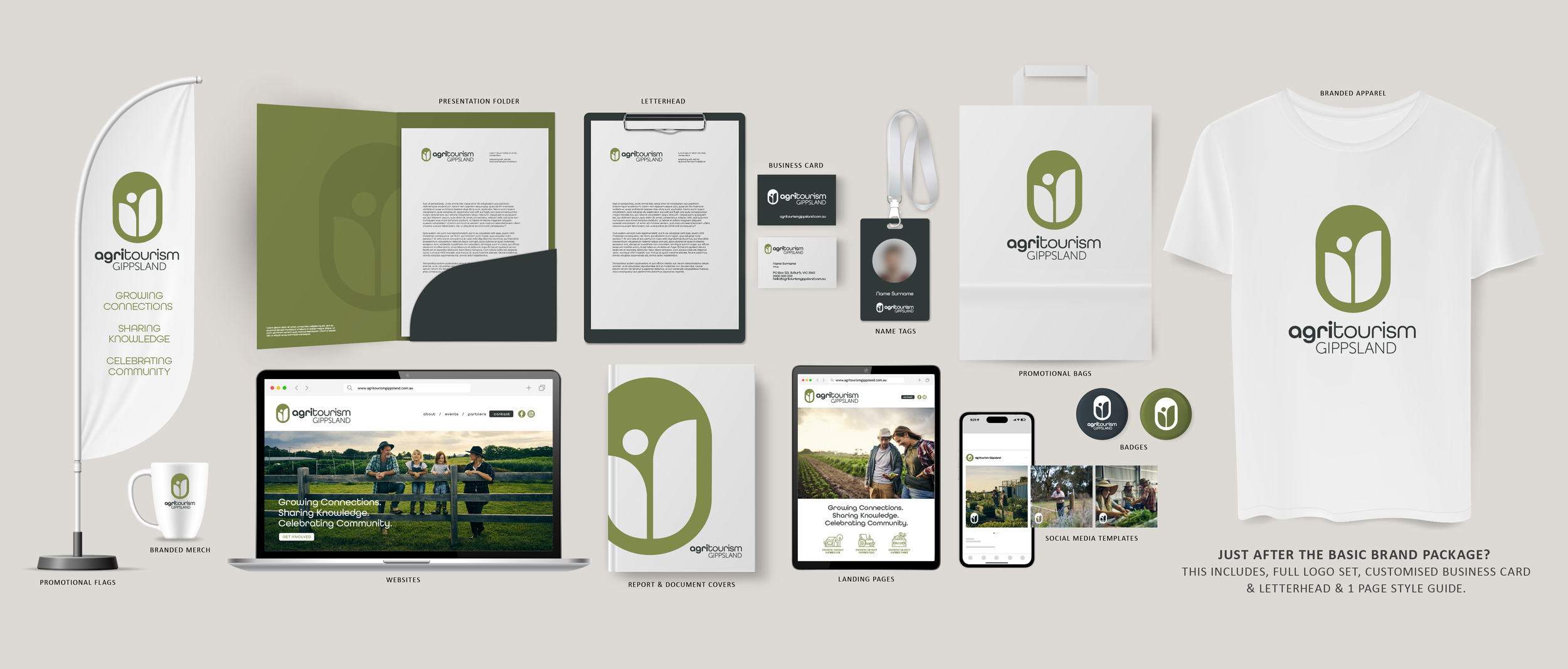 A branding and marketing package for AgriTourism Gippsland includes promotional flags, a flagpole with a white banner, branded merchandise like a mug, presentation folders, letterhead, business cards, name tags, a branded T-shirt, website mockups on a laptop and tablet, social media templates on a smartphone, report covers, landing pages, and various promotional icons.