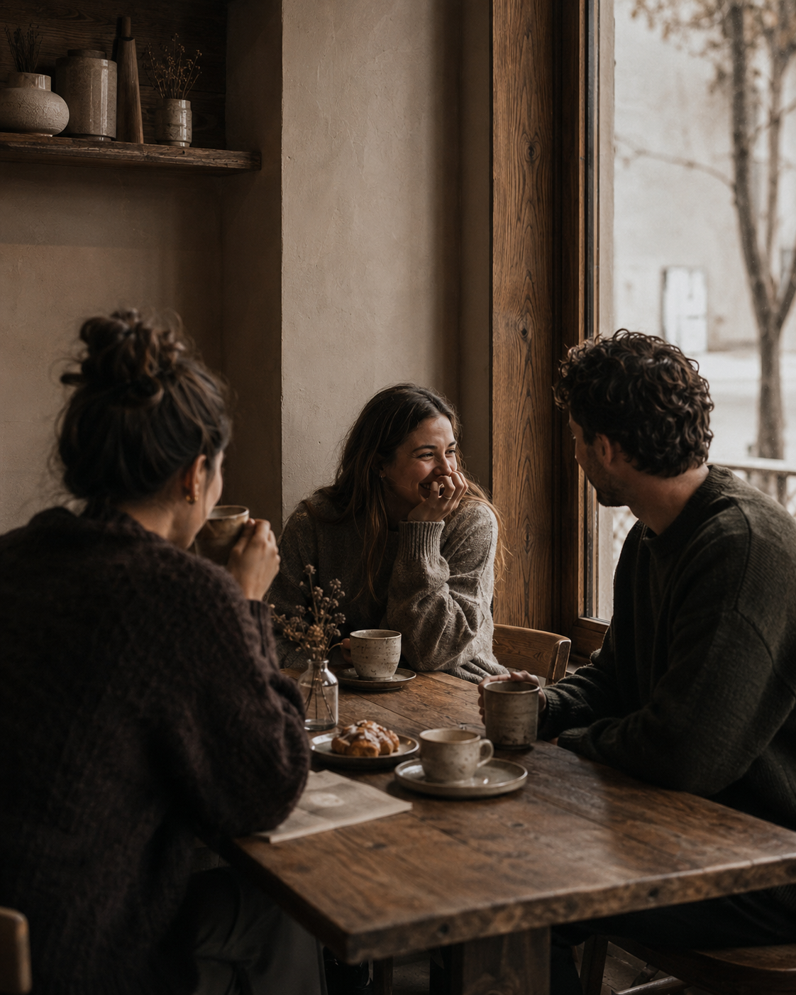 Three people sharing coffee and conversation in café setting.