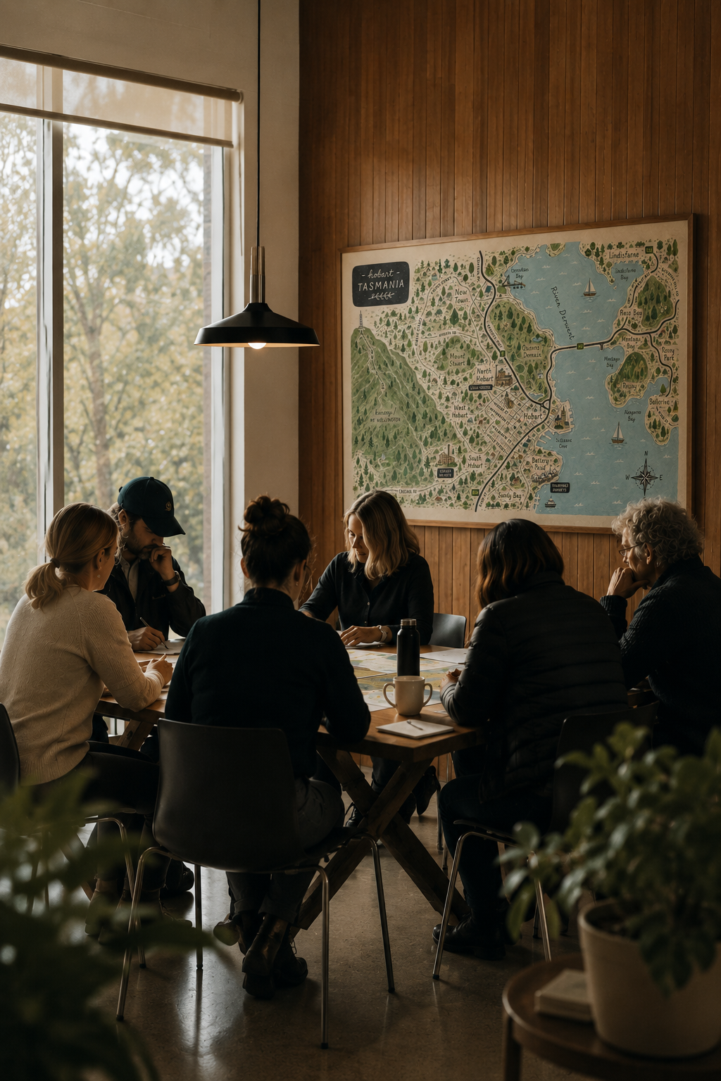 Group meeting at studio table with illustrated Hobart map on wall.