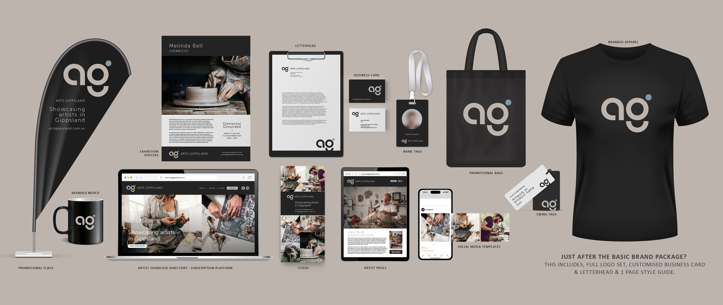 Collection of branding materials and merchandise for Arts Gippsland, including flags, posters, business cards, letterhead, lanyards, tote bag, T-shirt, mugs, social media templates, flyers, artist showcase website on laptop, tablet, and phone, and swing tags.