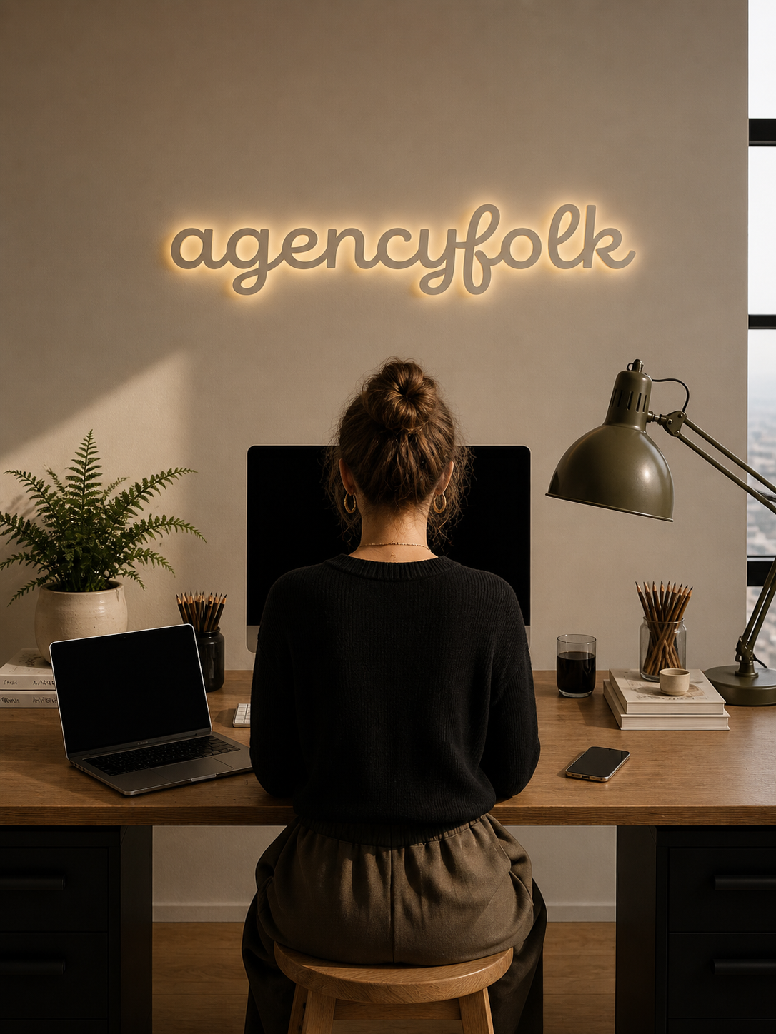 Woman working in Hobart graphic design studio with Agency Folk branding.
