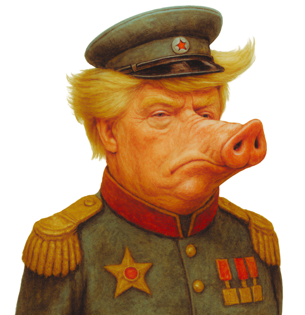 A cartoon figure with a pig's head dressed in a military uniform, wearing a peaked cap with a red star, and sporting blonde hair resembling Donald Trump.
