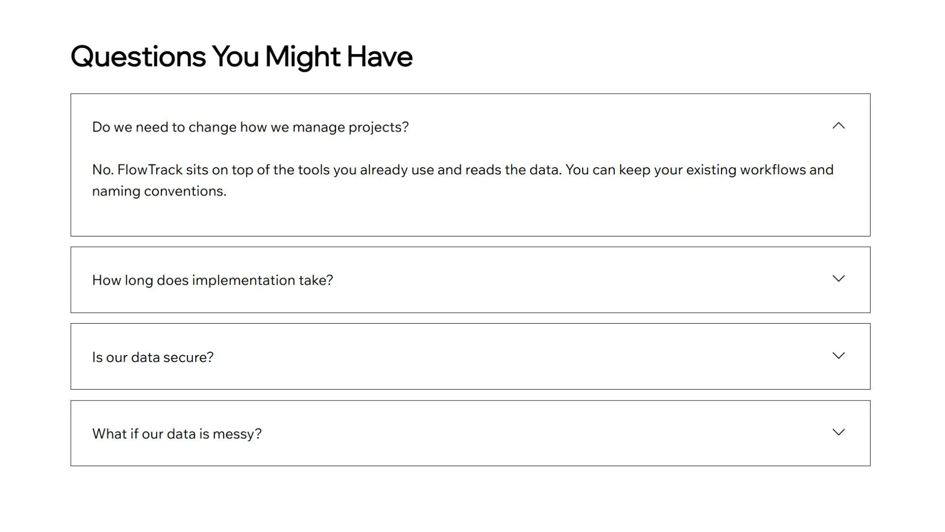 A webpage titled 'Questions You Might Have' displaying a list of FAQs related to project management tools, with collapsible sections for each question.