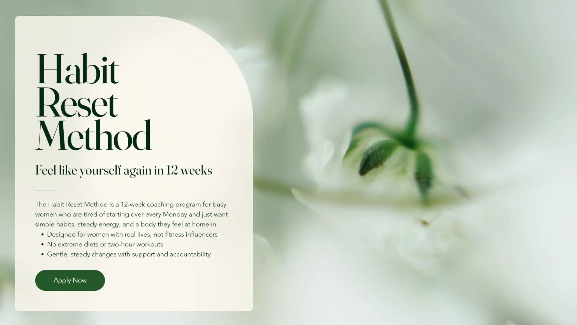 A promotional webpage for the Habit Reset Method coaching program, featuring a soft, abstract background with green and white tones, and text describing the 12-week program designed for busy women to establish simple, sustainable habits, with an "Apply Now" button.