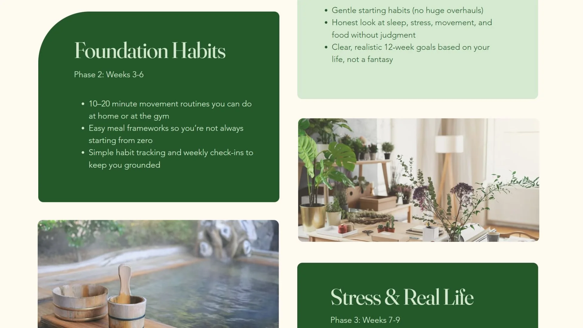 Text-based graphic outlining habits for foundation phases in a wellness plan, with a photo of a plant-filled workspace and a spa setting, and a section titled 'Stress & Real Life'.