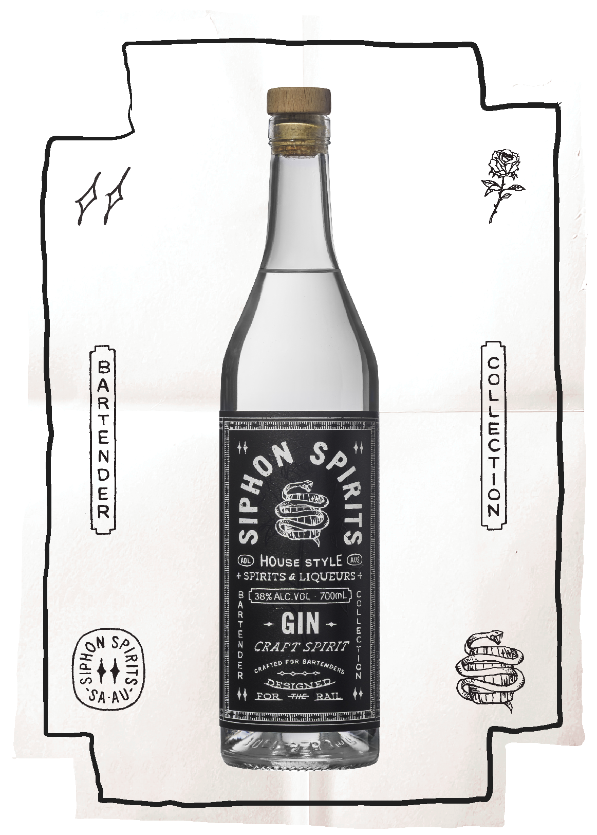 A bottle of gin labeled 'Sipphon Spirits' is centered on a white background with black line artwork and text. The label indicates it is house style spirits and liqueurs with 38% alcohol, 700ml volume, crafted for bartenders, designed for the rail. The background features decorative elements such as text blocks, a rose, a hand, and the brand's logo.