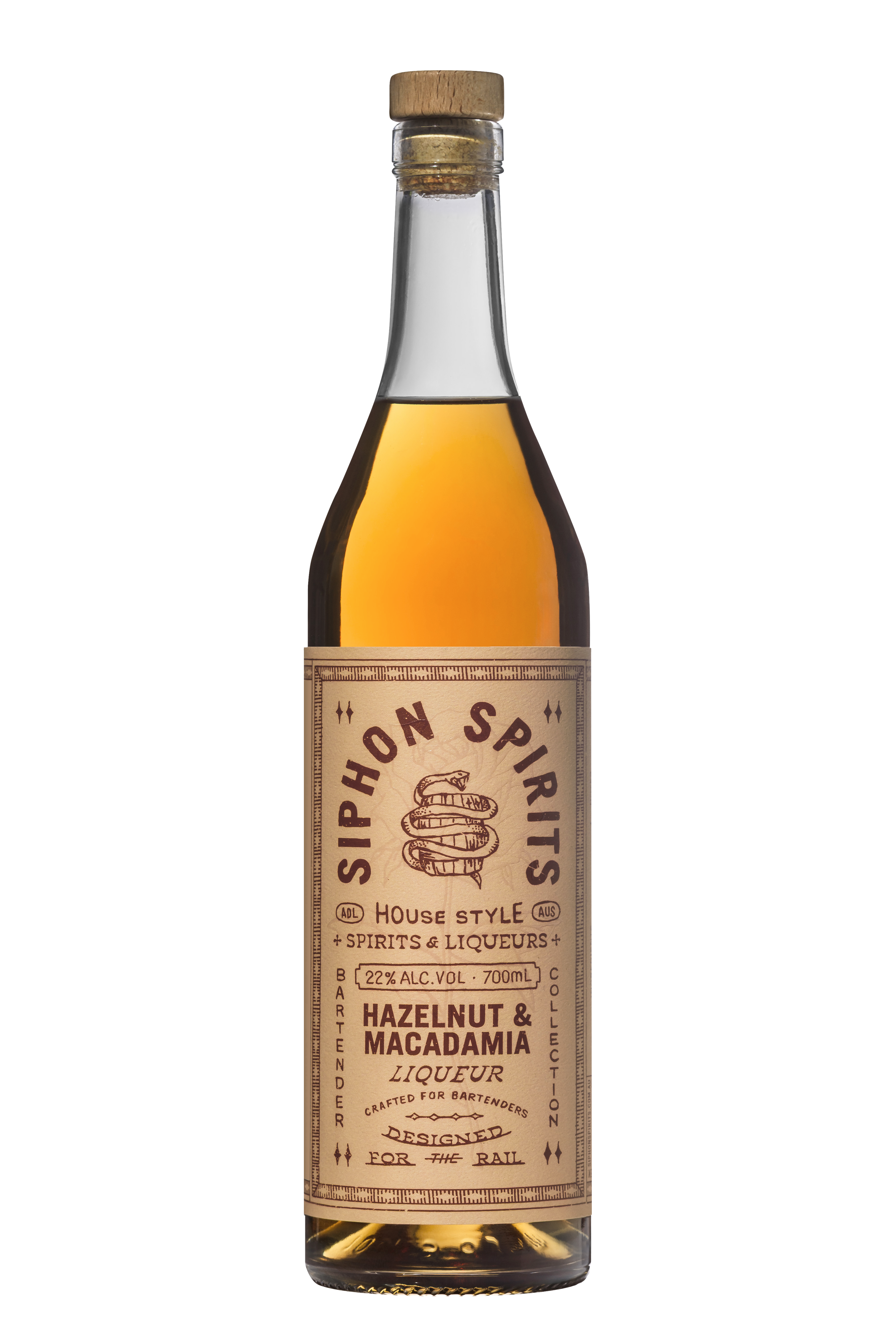 Bottle of Siphon Spirits hazelnut and macadamia liqueur with a beige label and black text.