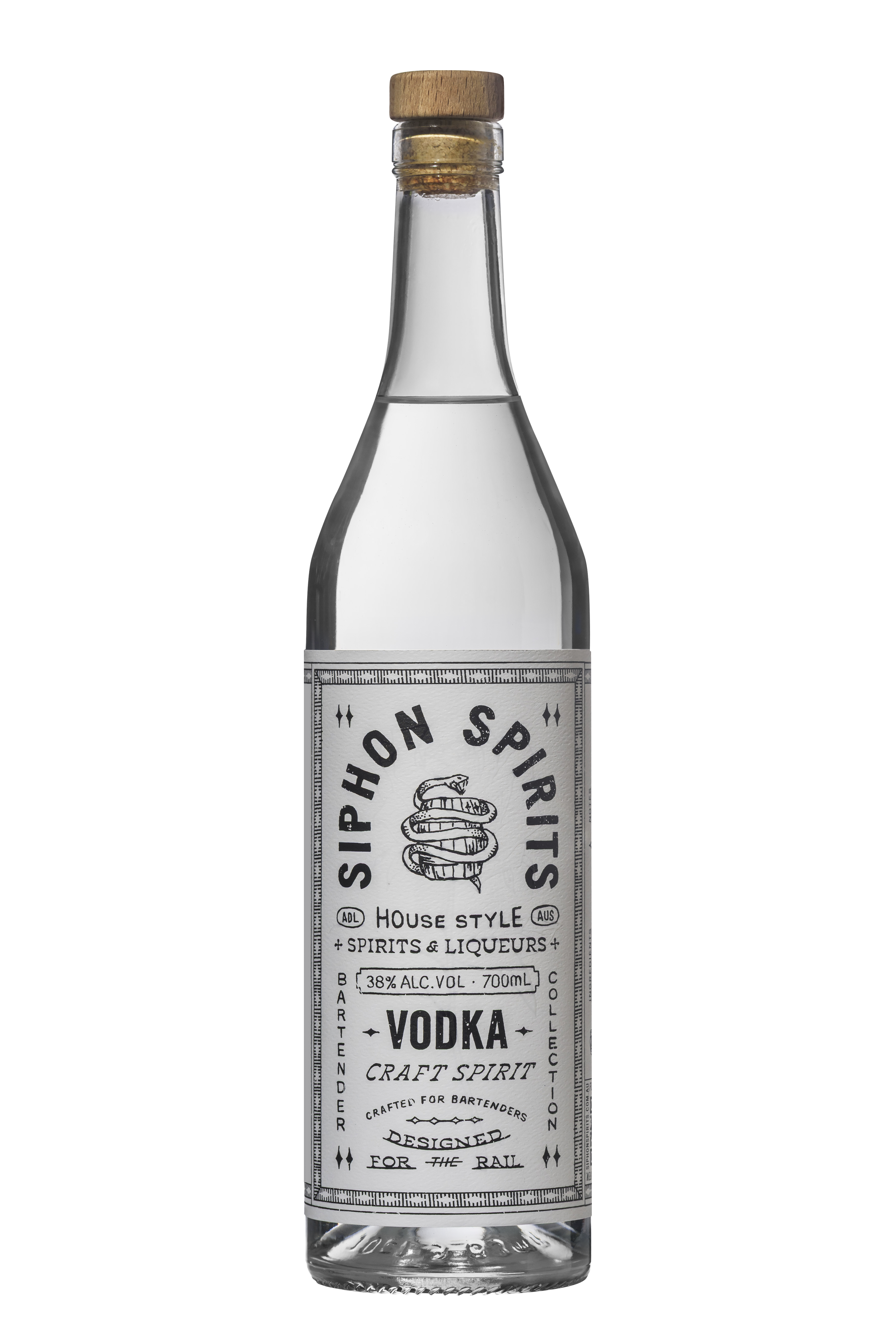 A clear glass bottle of vodka with a label saying Sip How Spirits, house style, spirits and liqueurs, 38% alcohol, 700ml, craft spirit. The lower part of the label has decorative text and design.