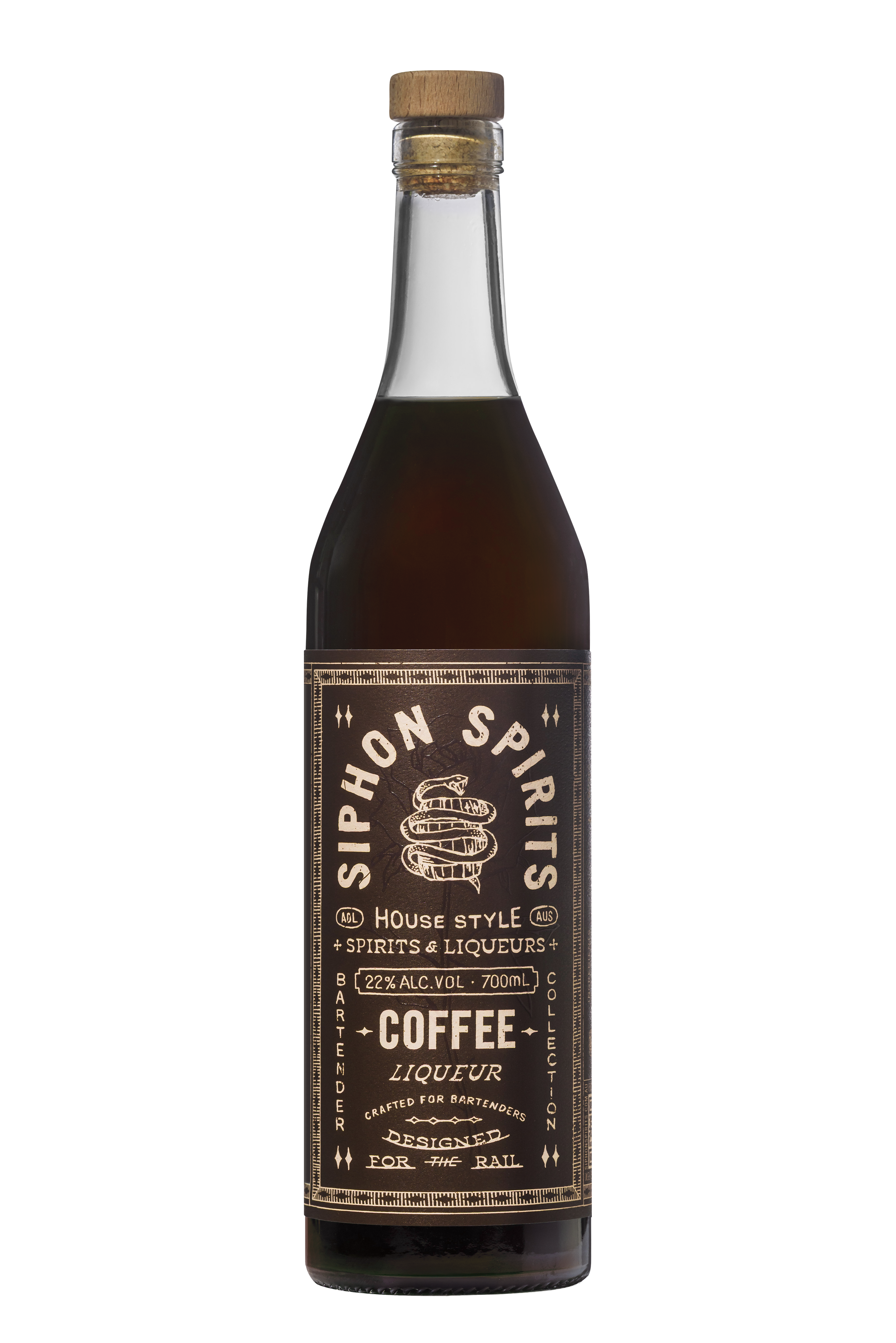 Bottle of Siphon Spirits coffee liquor with a black label featuring beige text and a snake illustration.