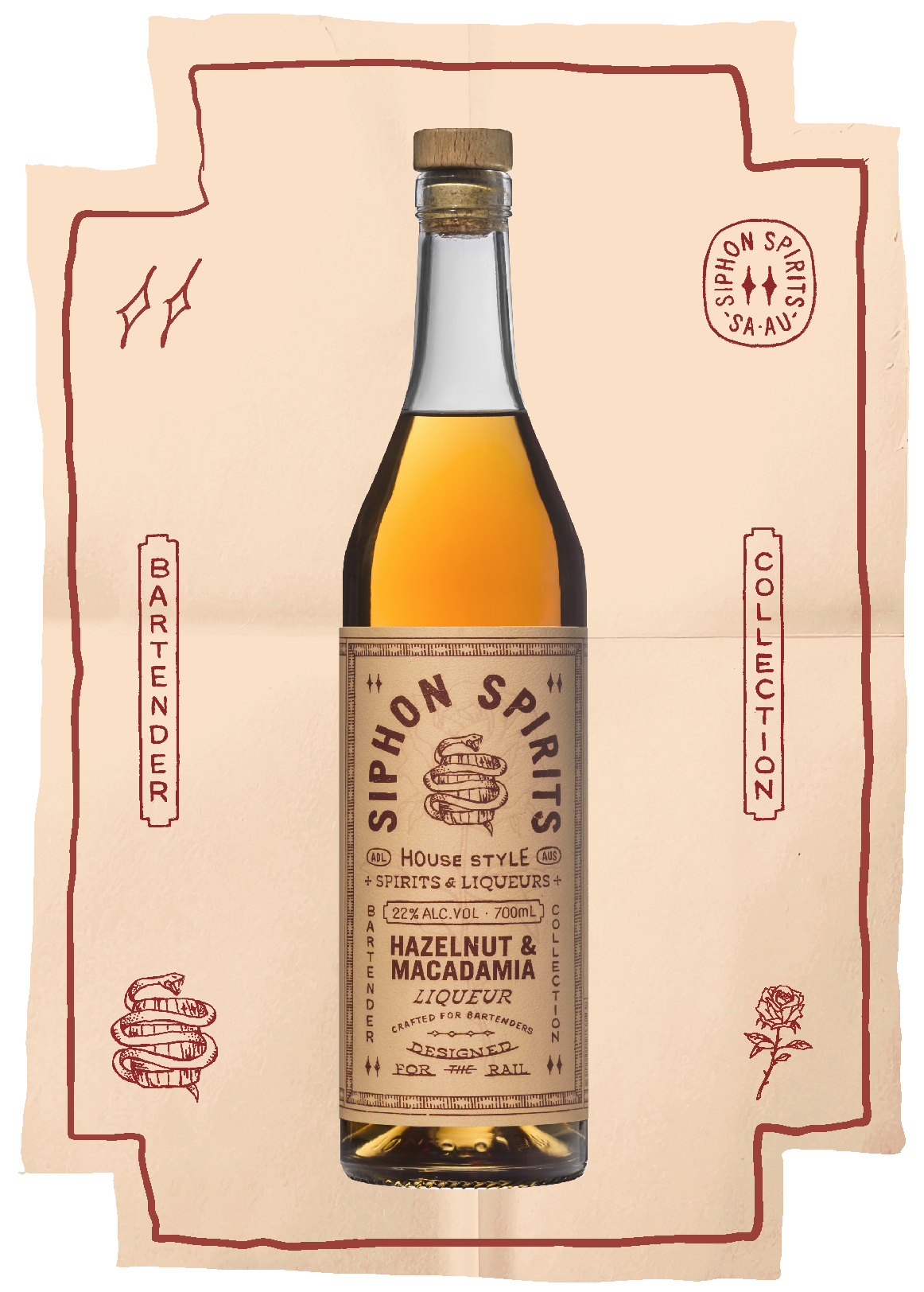 Bottle of Siphon Spirits hazelnut and macadamia liqueur with a beige background and red decorative border. The label indicates it's a house style spirit with 22% alcohol.