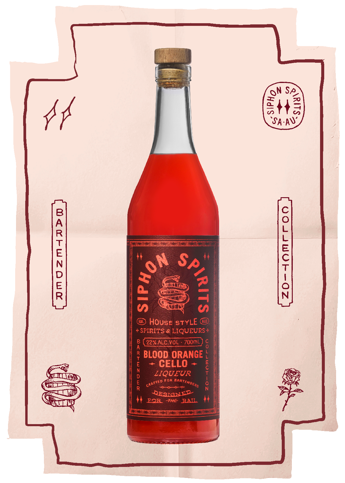 Bottle of Siphon Spirits Blood Orange Cello Liqueur with a red liquid inside, featuring a dark red label with red and black text, and a wooden cap. The background has decorative borders, a rose illustration, a snake, and other vintage-style graphic elements.