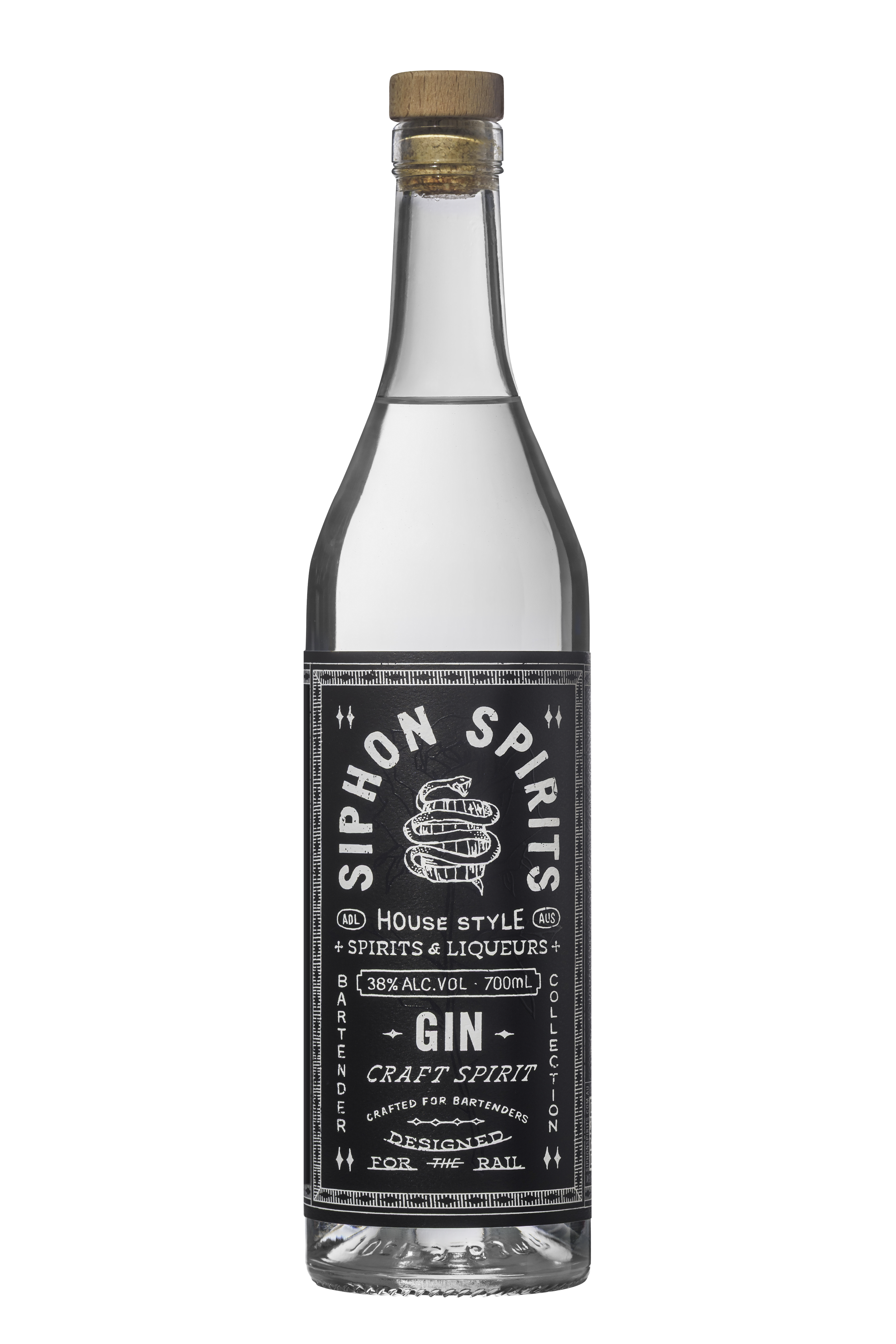 Bottle of Siphon Spirits gin with a black label, cork stopper, and clear liquid inside.