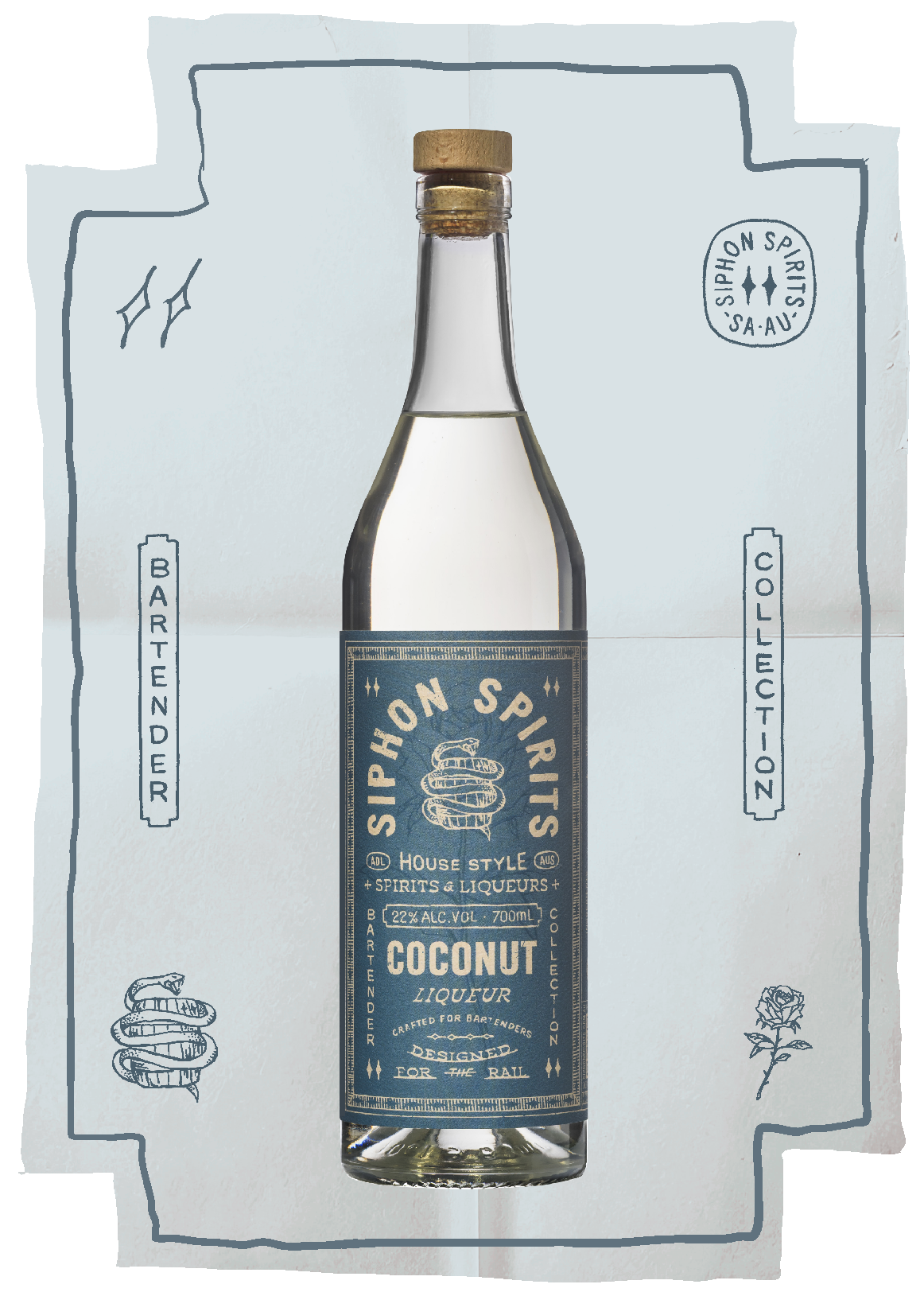 A clear glass bottle of coconut liqueur with a cork on top, placed against a light background with hand-drawn illustrations and text related to bartending and spirits.