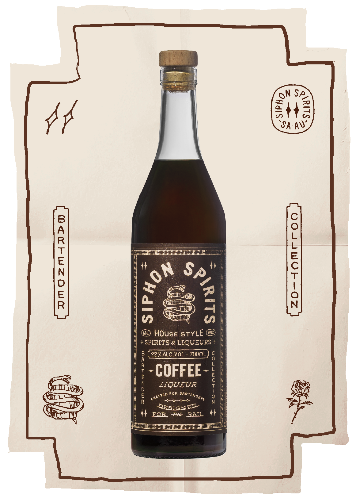 A bottle of Siphon Spirits house style coffee liqueur with a black label and a wooden cork, set against a paper background with illustrations of a snake, a rose, and the words "Bartender" and "Collection".