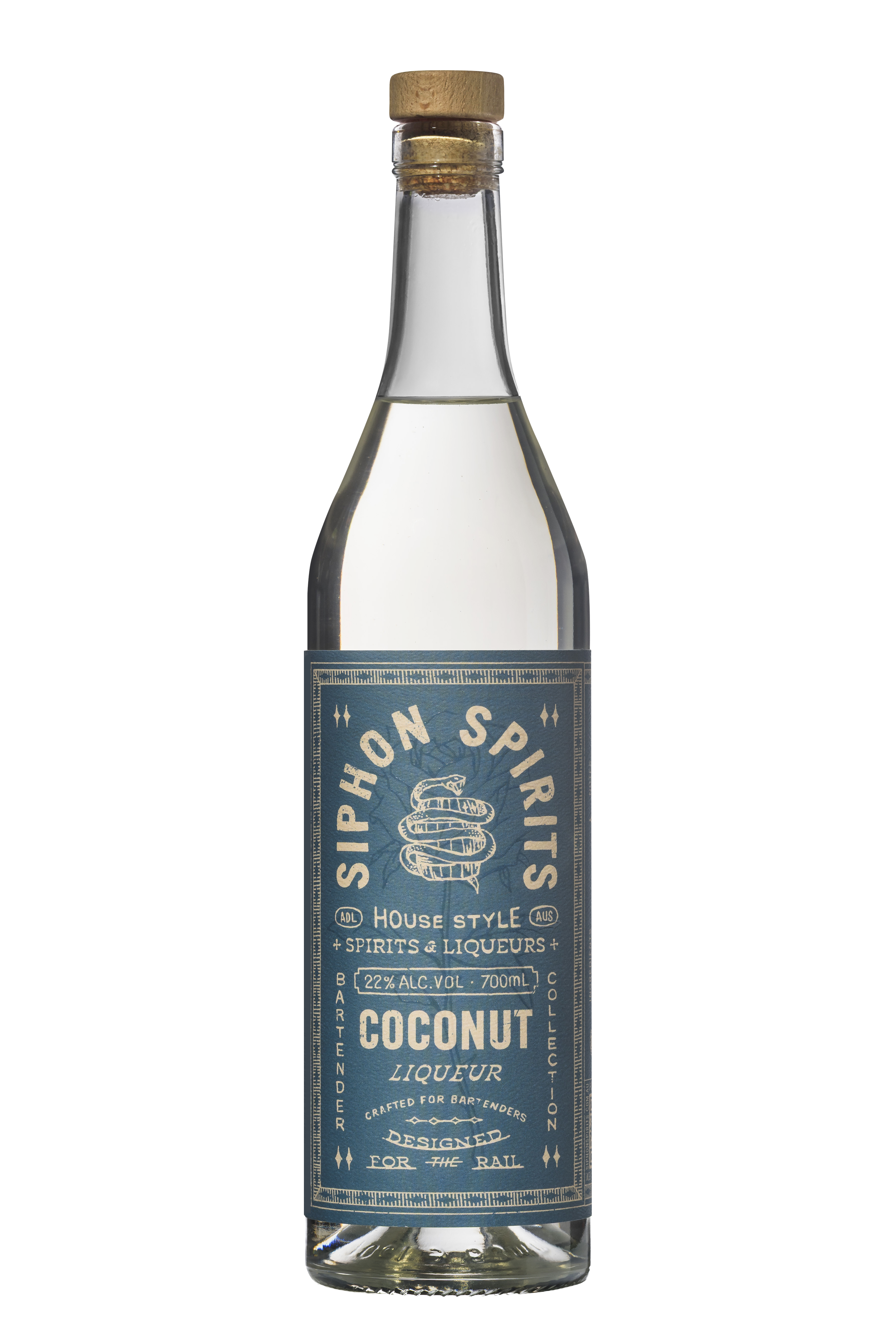 A clear glass bottle of coconut liqueur with a cork stopper and a blue label that reads "Siphon Spirit" and "Coconut Liqueur," with additional text about alcohol content and style.