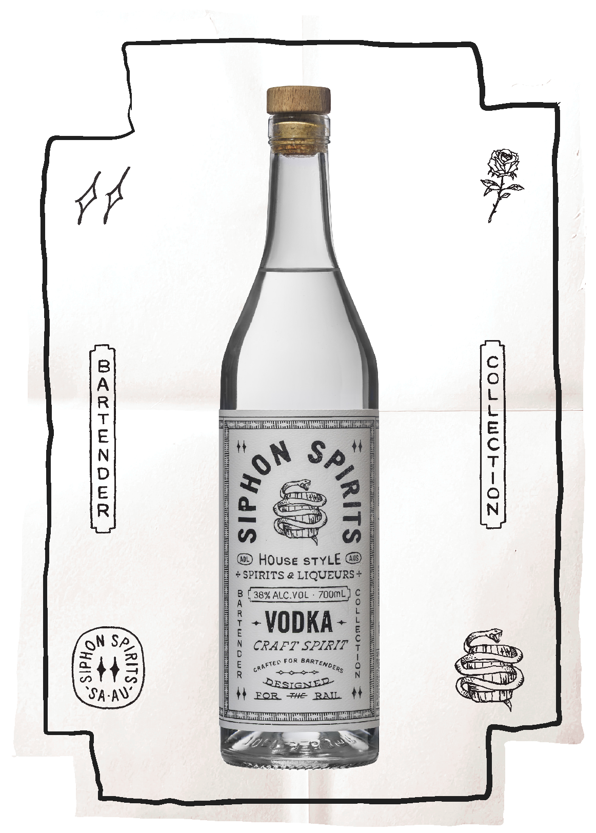 A bottle of vodka with custom label surrounded by hand-drawn black lines, roses, and other decorative elements on a white background.