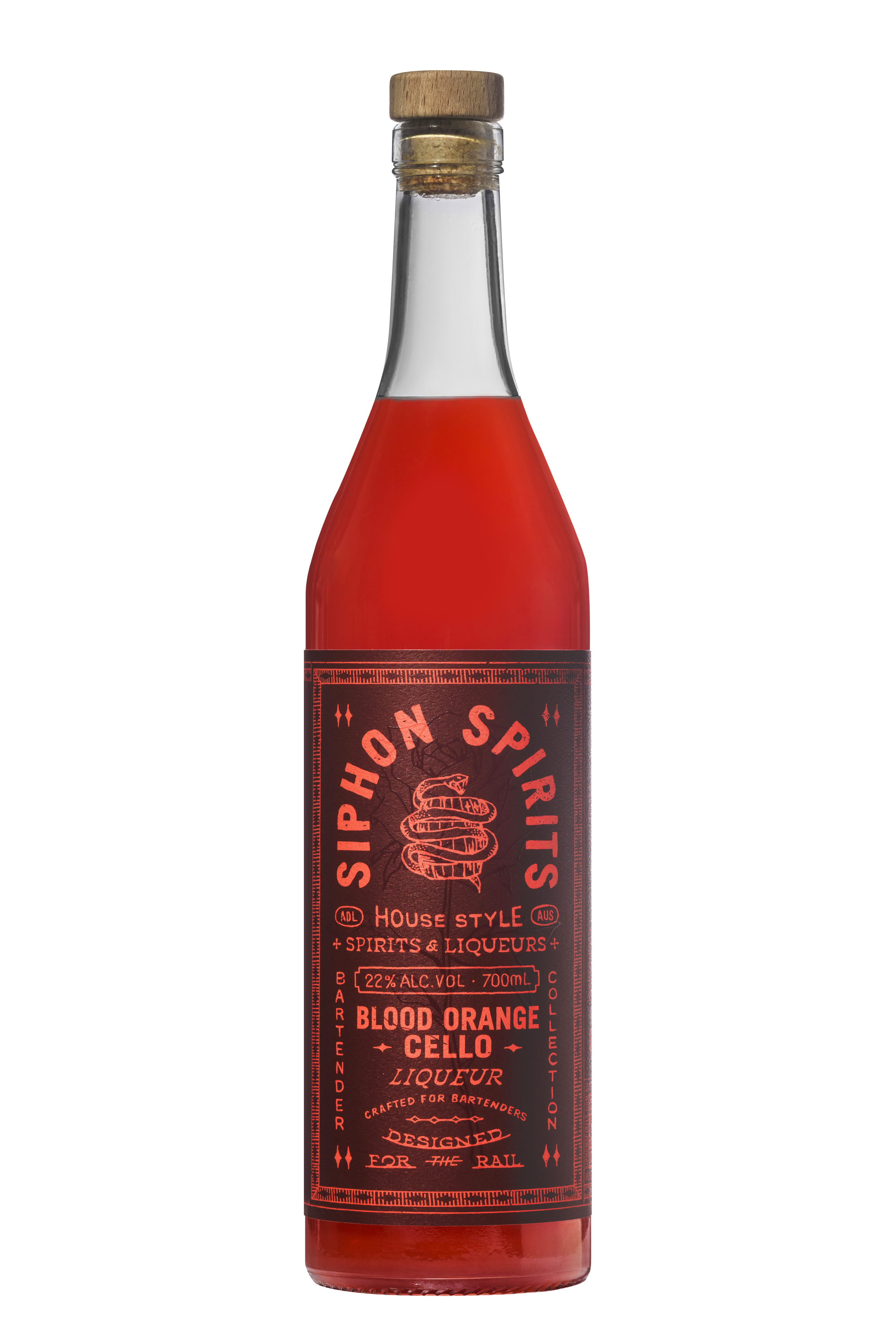 Bottle of Blood Orange Cello liqueur with a red liquid inside and a black label with red text.