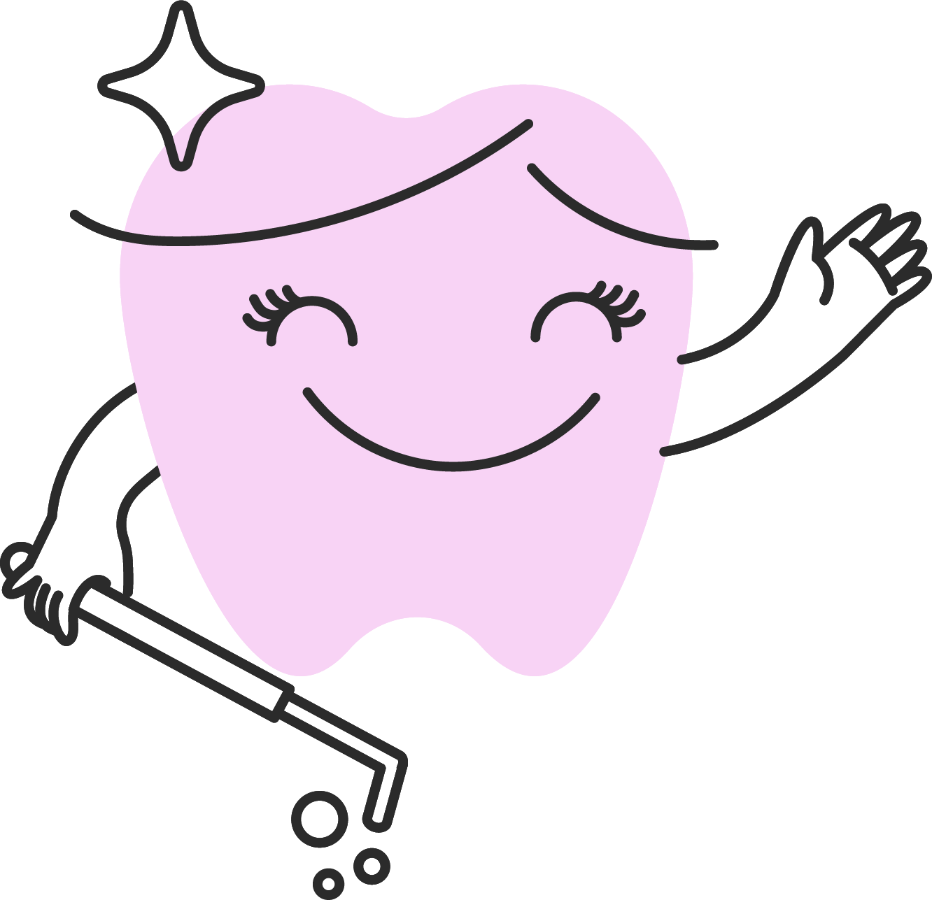 A smiling cartoon tooth character with eyelashes, waving and holding a grocery cart, with a sparkle above its head.